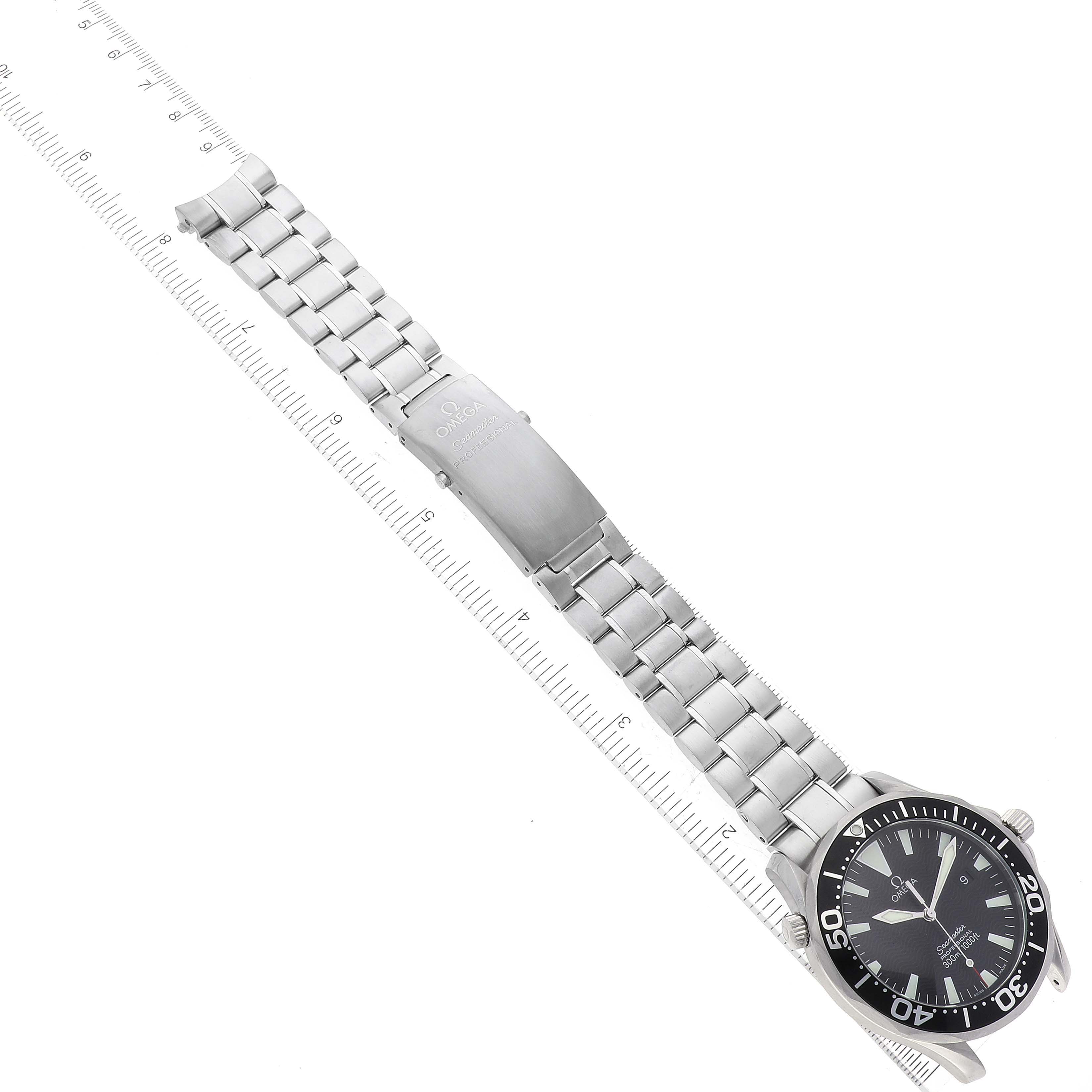 The Omega Seamaster 2264.50.00 Men's Stainless Steel Black Dial 2264.50.00 Men's Stainless Steel Black Dial watch is shown from a top-down angle, displaying the entire watch including the face, stainless steel bracelet, and clasp.