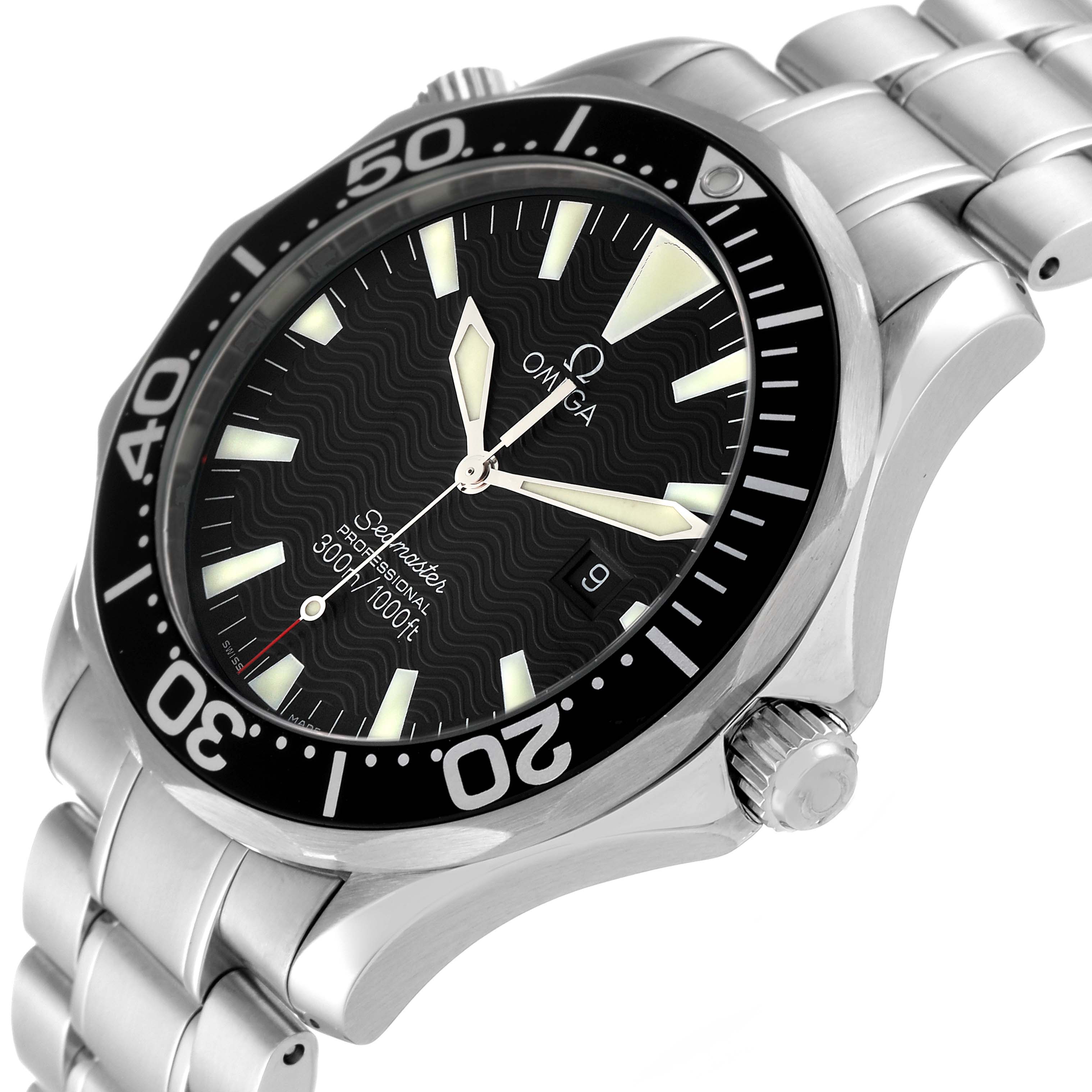The image shows an angled view of the Omega Seamaster 2264.50.00 Men's Stainless Steel Black Dial 2264.50.00 Men's Stainless Steel Black Dial watch displaying its bezel, dial, hands, and part of the steel bracelet.