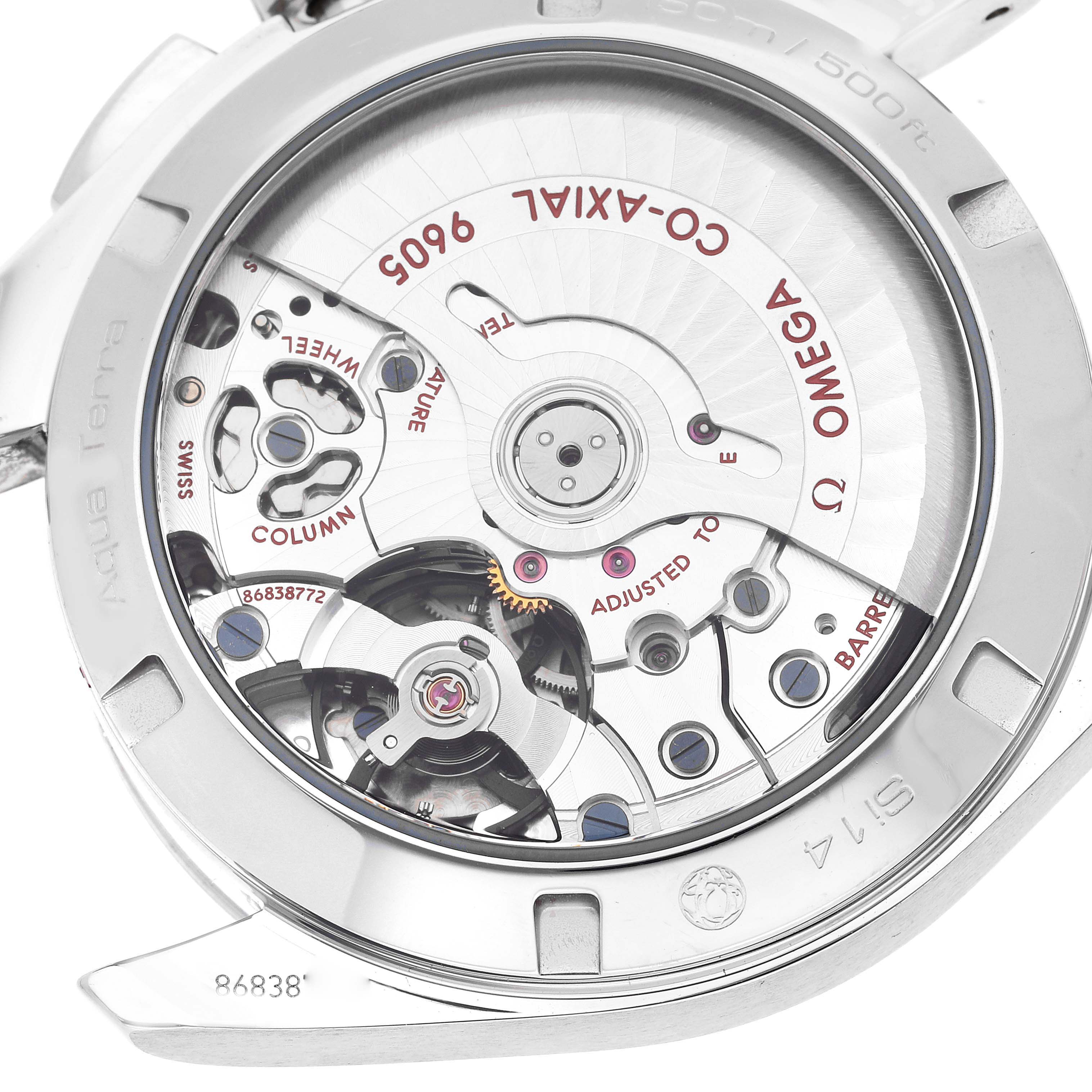 The image shows the movement mechanism and caseback of the Omega Aqua Terra 231.10.43.52.02.001 Men's Stainless Steel Silver Dial 231.10.43.52.02.001 Men's Stainless Steel Silver Dial watch from a close-up rear angle.