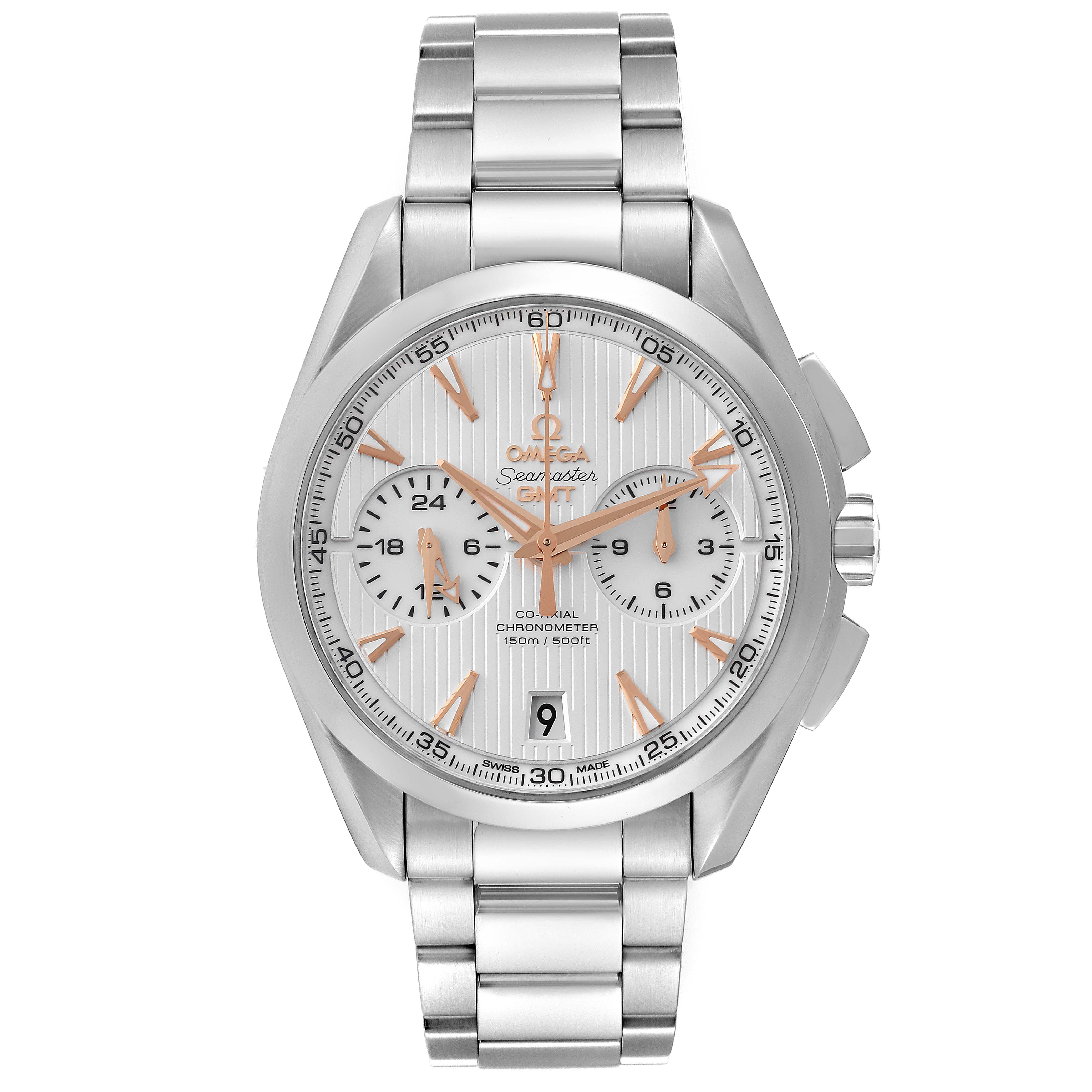 This is a front view of the Omega Aqua Terra 231.10.43.52.02.001 Men's Stainless Steel Silver Dial 231.10.43.52.02.001 Men's Stainless Steel Silver Dial watch displaying the face, bezel, crown, and bracelet.