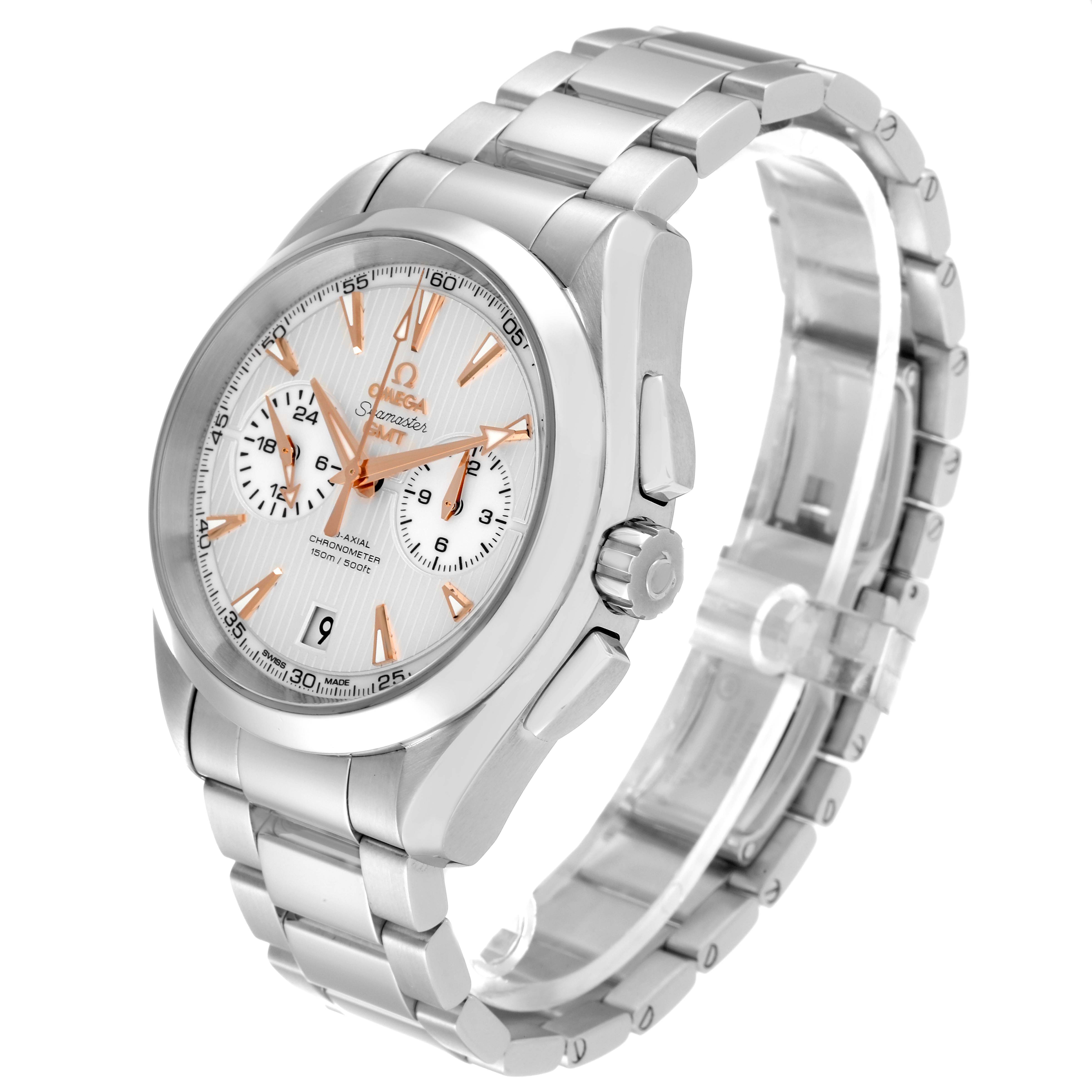 The image shows an Omega Aqua Terra 231.10.43.52.02.001 Men's Stainless Steel Silver Dial 231.10.43.52.02.001 Men's Stainless Steel Silver Dial watch at an angle displaying the dial, bezel, crown, and part of the bracelet.