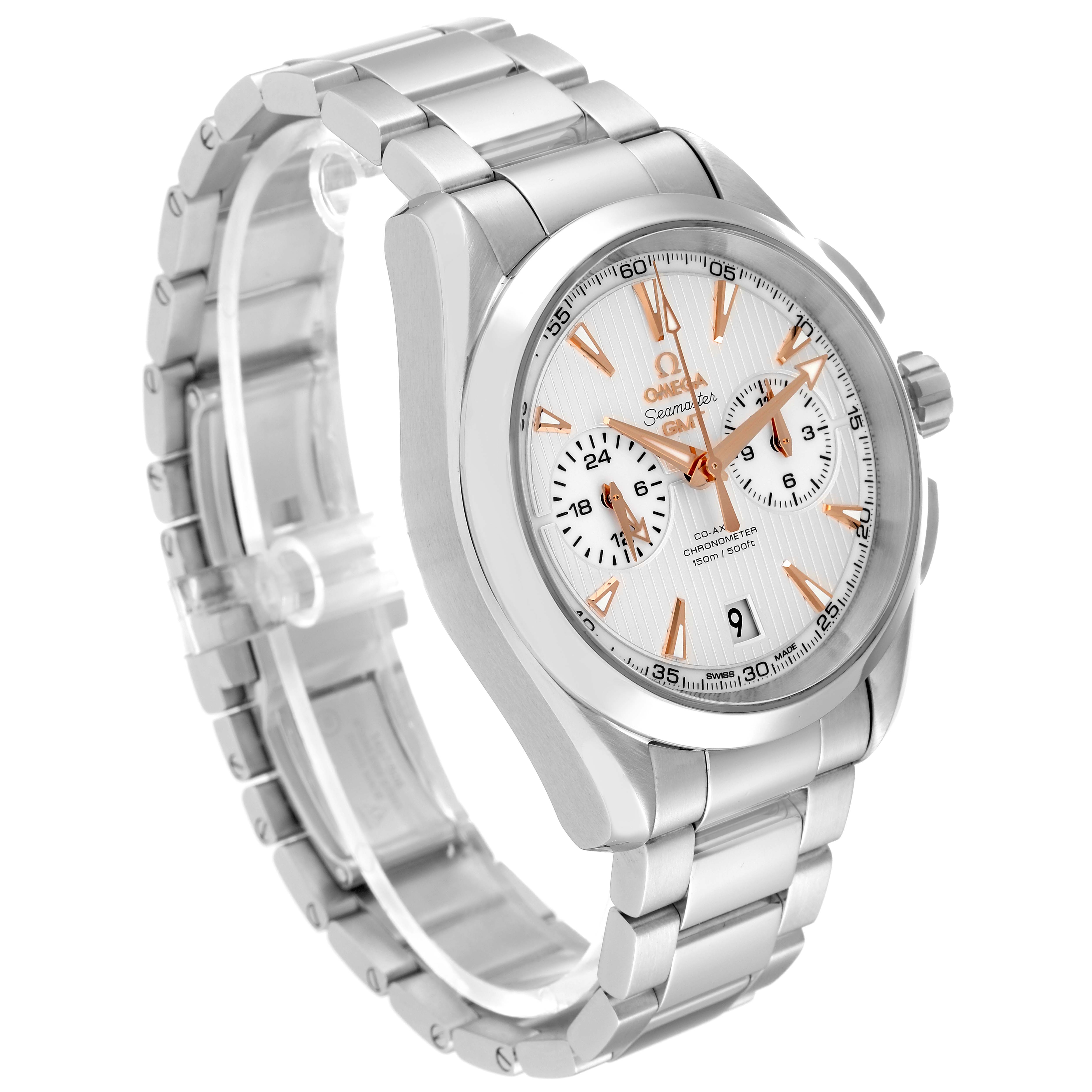 This image shows the Omega Aqua Terra 231.10.43.52.02.001 Men's Stainless Steel Silver Dial 231.10.43.52.02.001 Men's Stainless Steel Silver Dial watch at a three-quarter angle, highlighting its face, bracelet, and side profile.