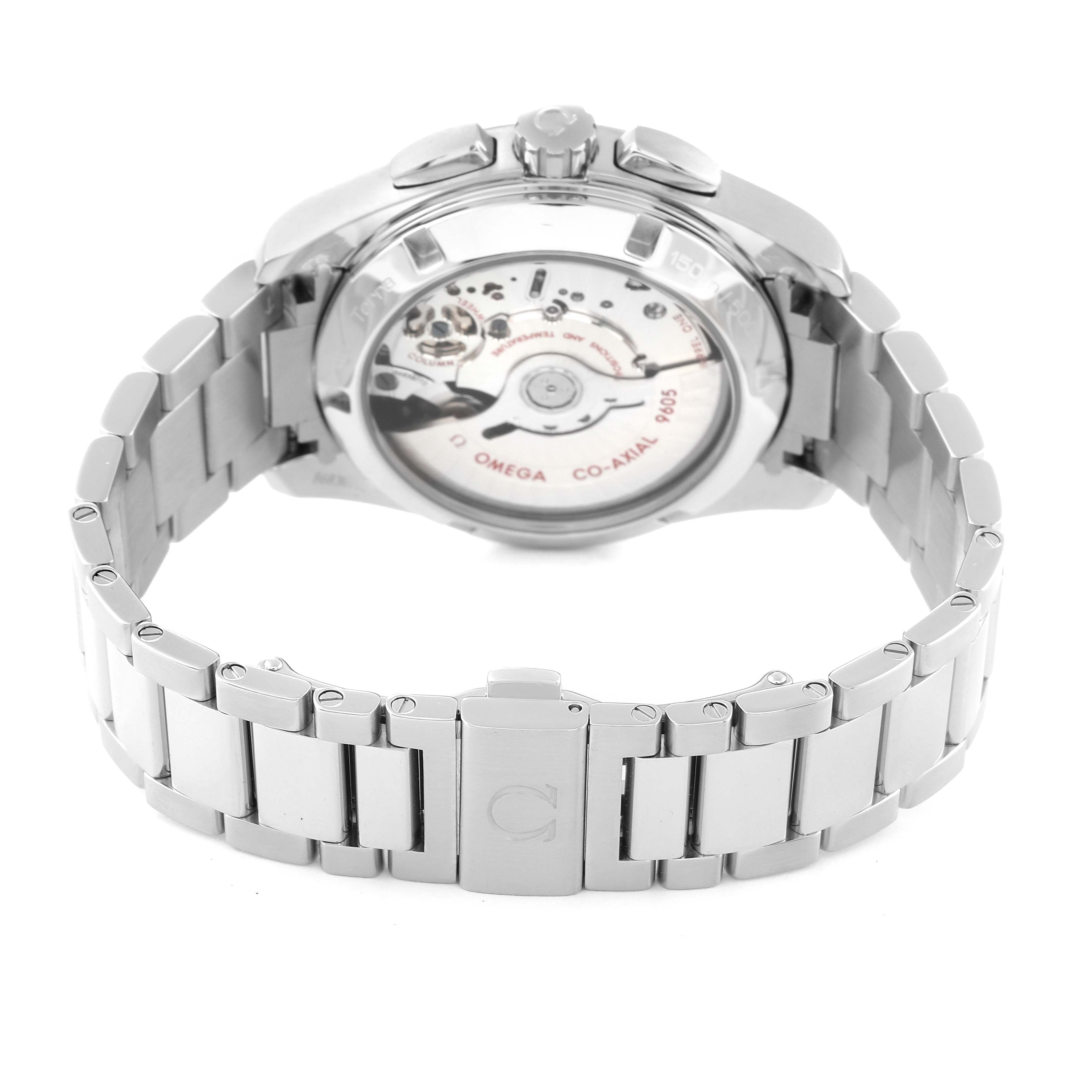 The image shows the back view of the Omega Aqua Terra 231.10.43.52.02.001 Men's Stainless Steel Silver Dial 231.10.43.52.02.001 Men's Stainless Steel Silver Dial watch, highlighting its exposed movement and metal bracelet.