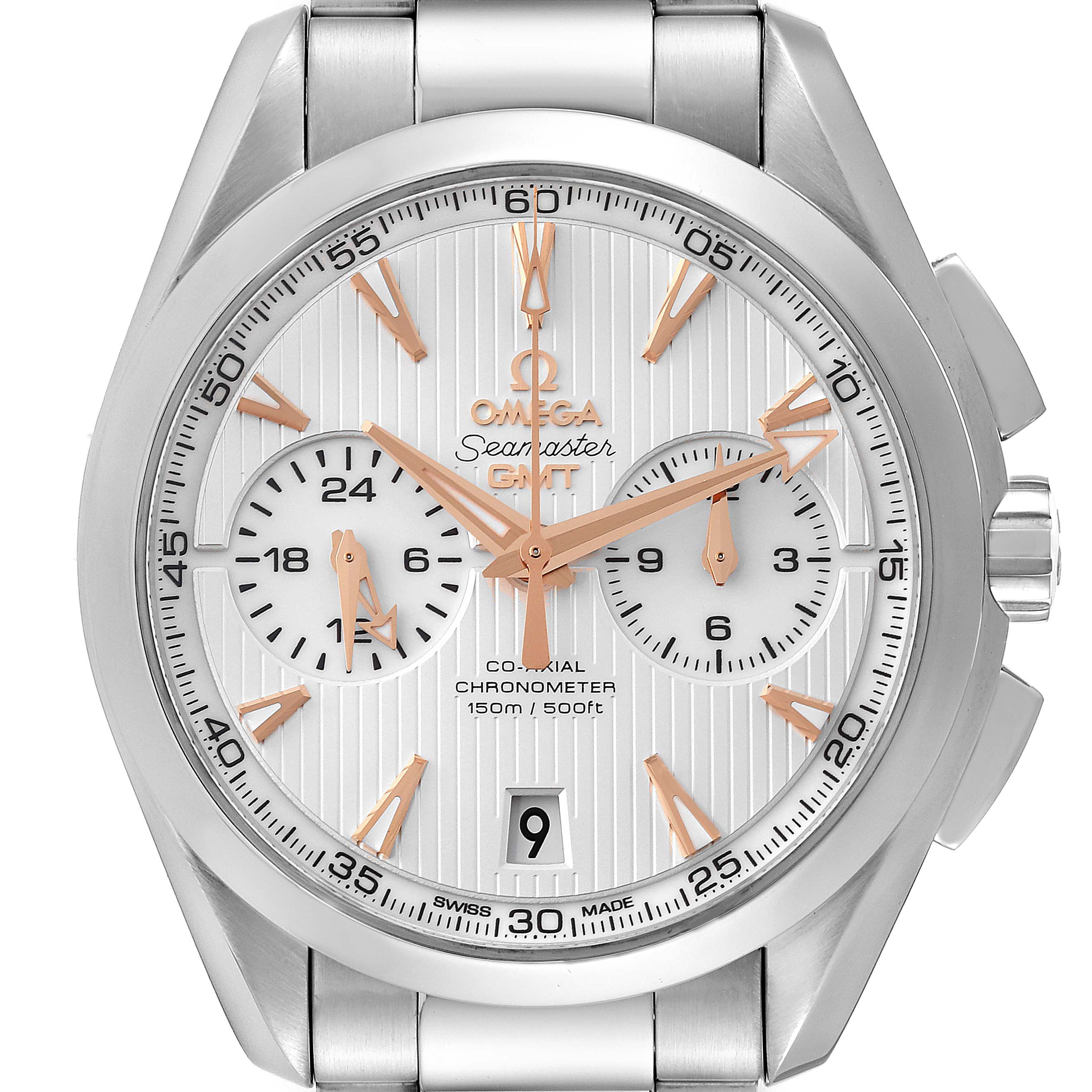 The image shows a frontal view of the Omega Aqua Terra 231.10.43.52.02.001 Men's Stainless Steel Silver Dial 231.10.43.52.02.001 Men's Stainless Steel Silver Dial watch, showcasing the dial, hands, subdials, and bracelet.