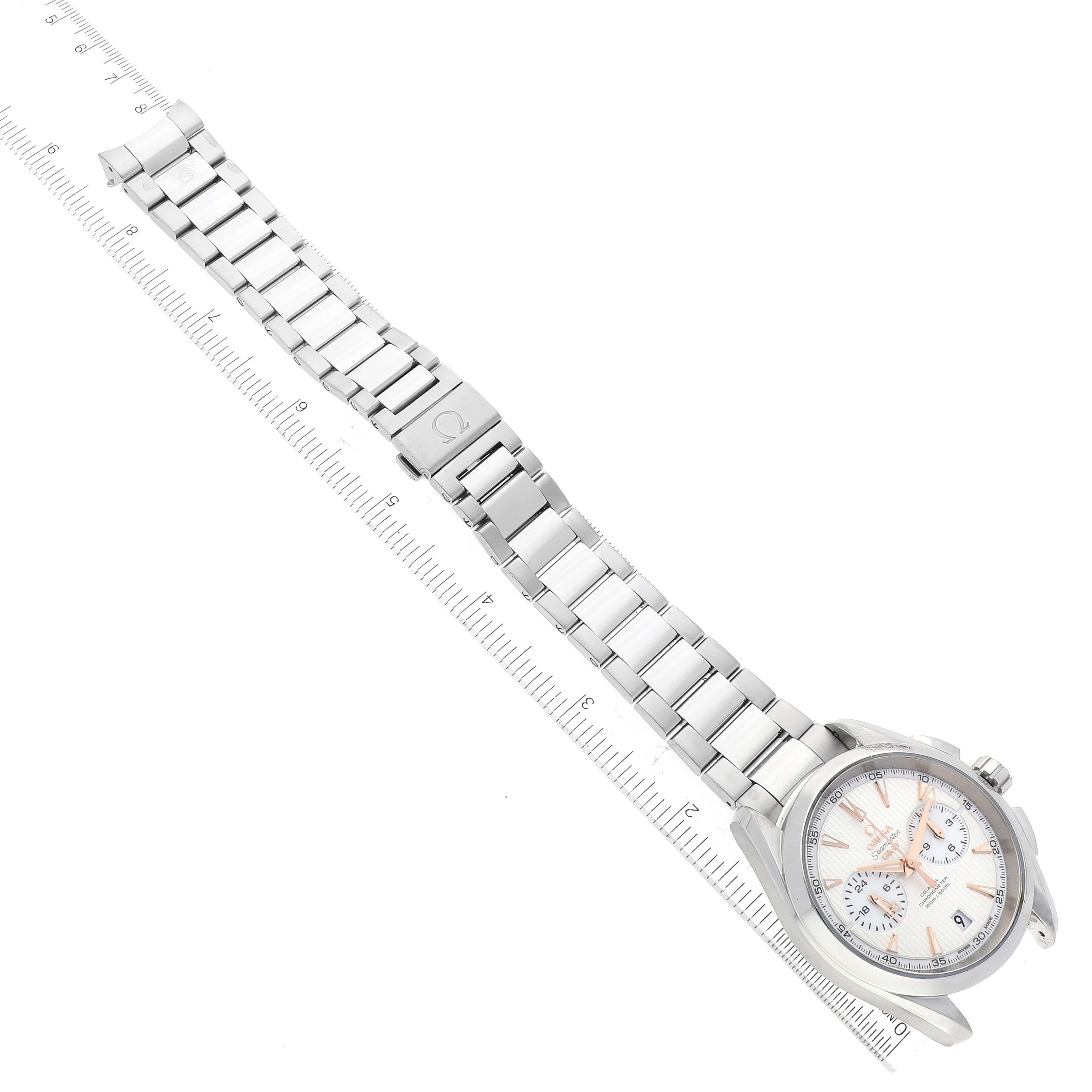 The image shows an overhead view of an Omega Aqua Terra 231.10.43.52.02.001 Men's Stainless Steel Silver Dial 231.10.43.52.02.001 Men's Stainless Steel Silver Dial watch, highlighting the bracelet, clasp, case, and face.