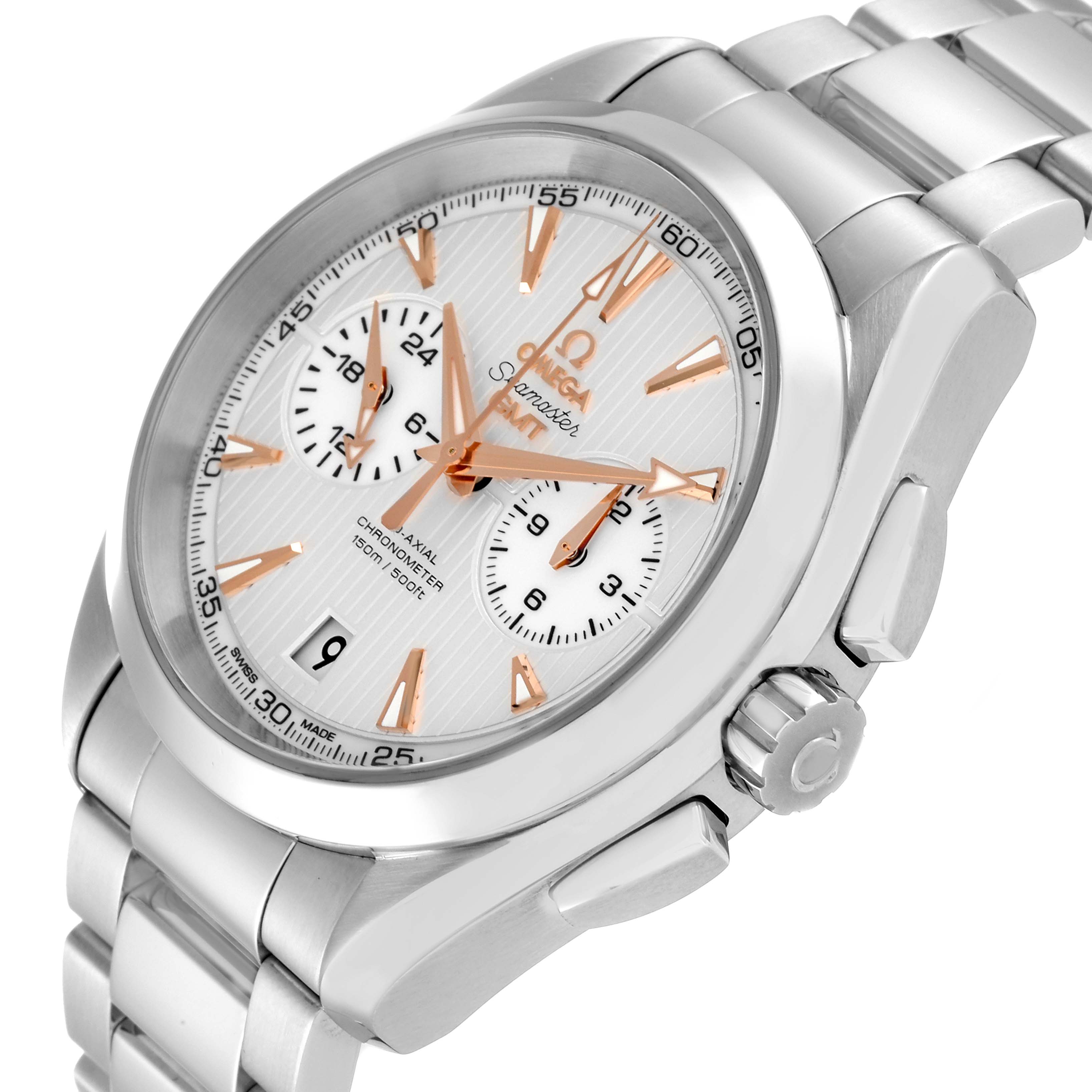 The Omega Aqua Terra 231.10.43.52.02.001 Men's Stainless Steel Silver Dial 231.10.43.52.02.001 Men's Stainless Steel Silver Dial model watch is shown at an oblique angle, highlighting the dial, crown, pushers, and bracelet.