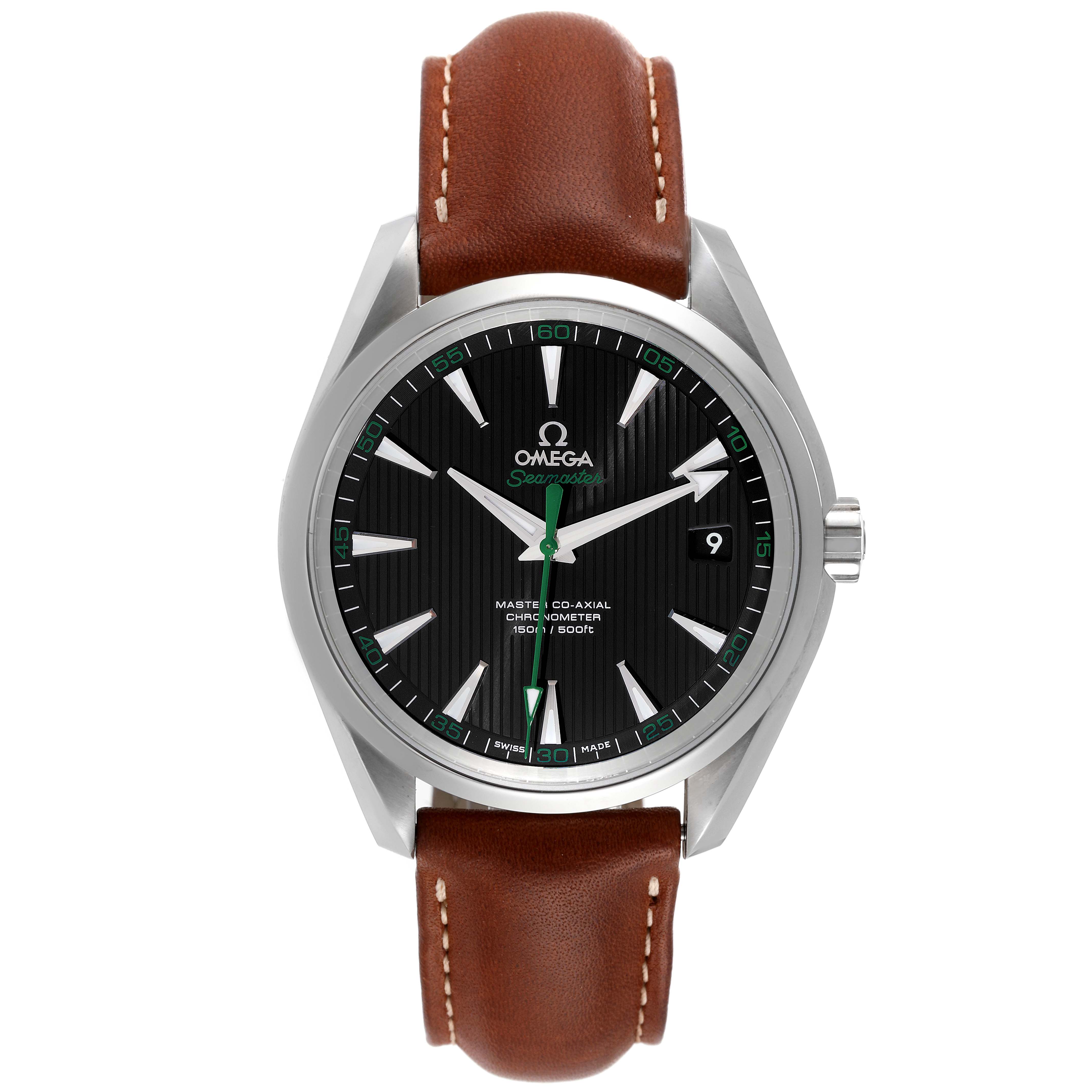 The image shows a front view of the Omega Aqua Terra 231.10.42.21.01.004 Men's Stainless Steel Black Dial 231.10.42.21.01.004 Men's Stainless Steel Black Dial watch, featuring a brown leather strap and black dial.