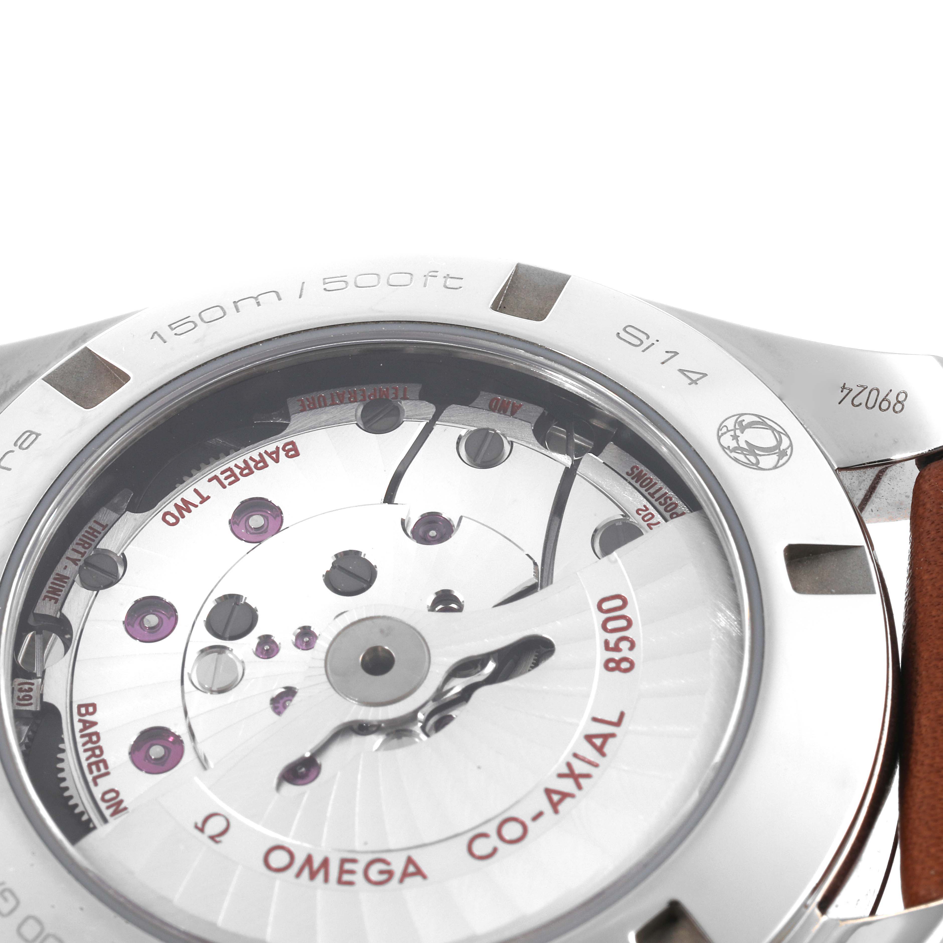 The image shows the back of the Omega Aqua Terra 231.10.42.21.01.004 Men's Stainless Steel Black Dial 231.10.42.21.01.004 Men's Stainless Steel Black Dial watch, highlighting its movement and inner mechanisms.