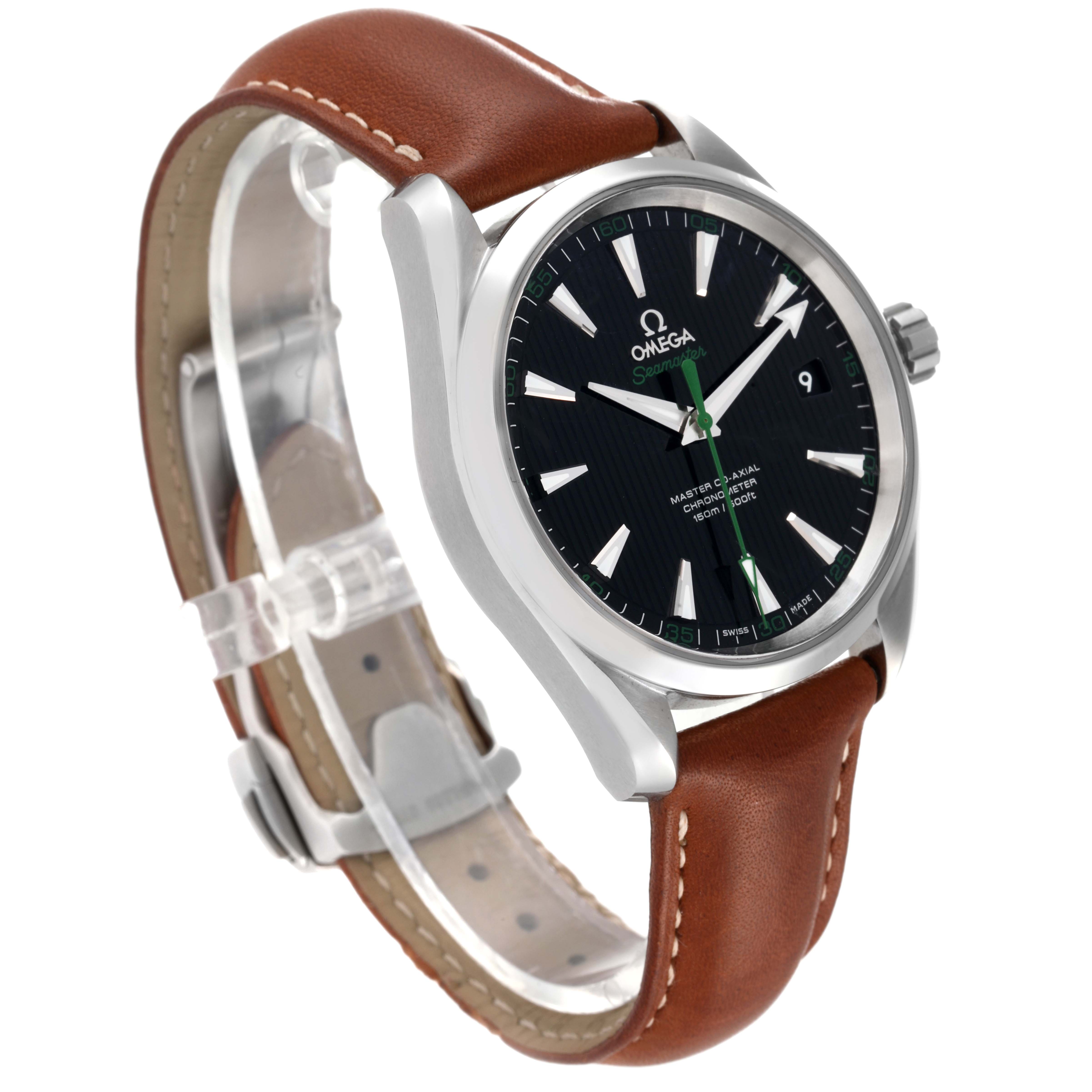 The Omega Aqua Terra 231.10.42.21.01.004 Men's Stainless Steel Black Dial 231.10.42.21.01.004 Men's Stainless Steel Black Dial watch is shown at a 3/4 angle, highlighting its face, bezel, crown, and brown leather strap.