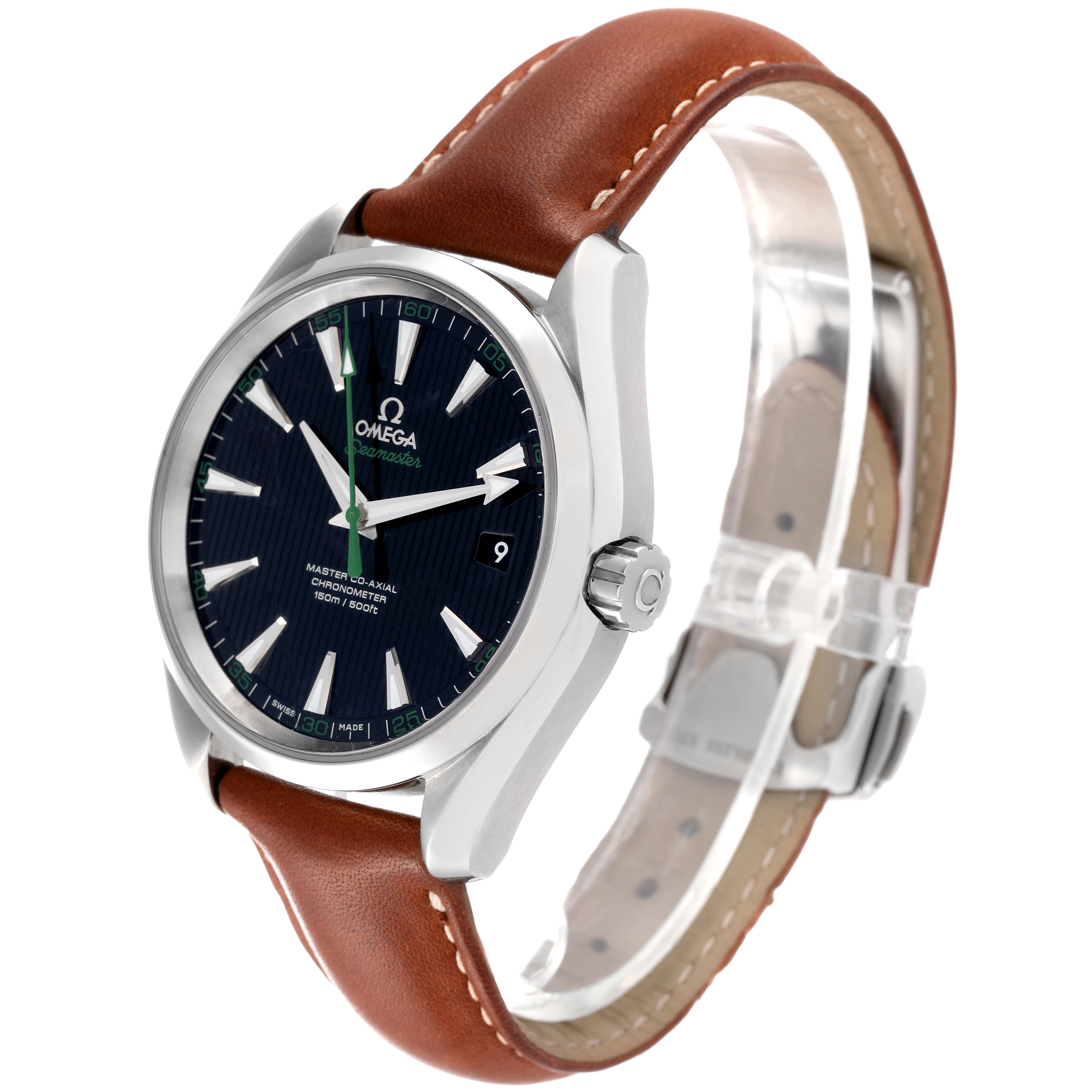 The image shows a front angle of the Omega Aqua Terra 231.10.42.21.01.004 Men's Stainless Steel Black Dial 231.10.42.21.01.004 Men's Stainless Steel Black Dial watch with a brown leather strap and a dark dial.