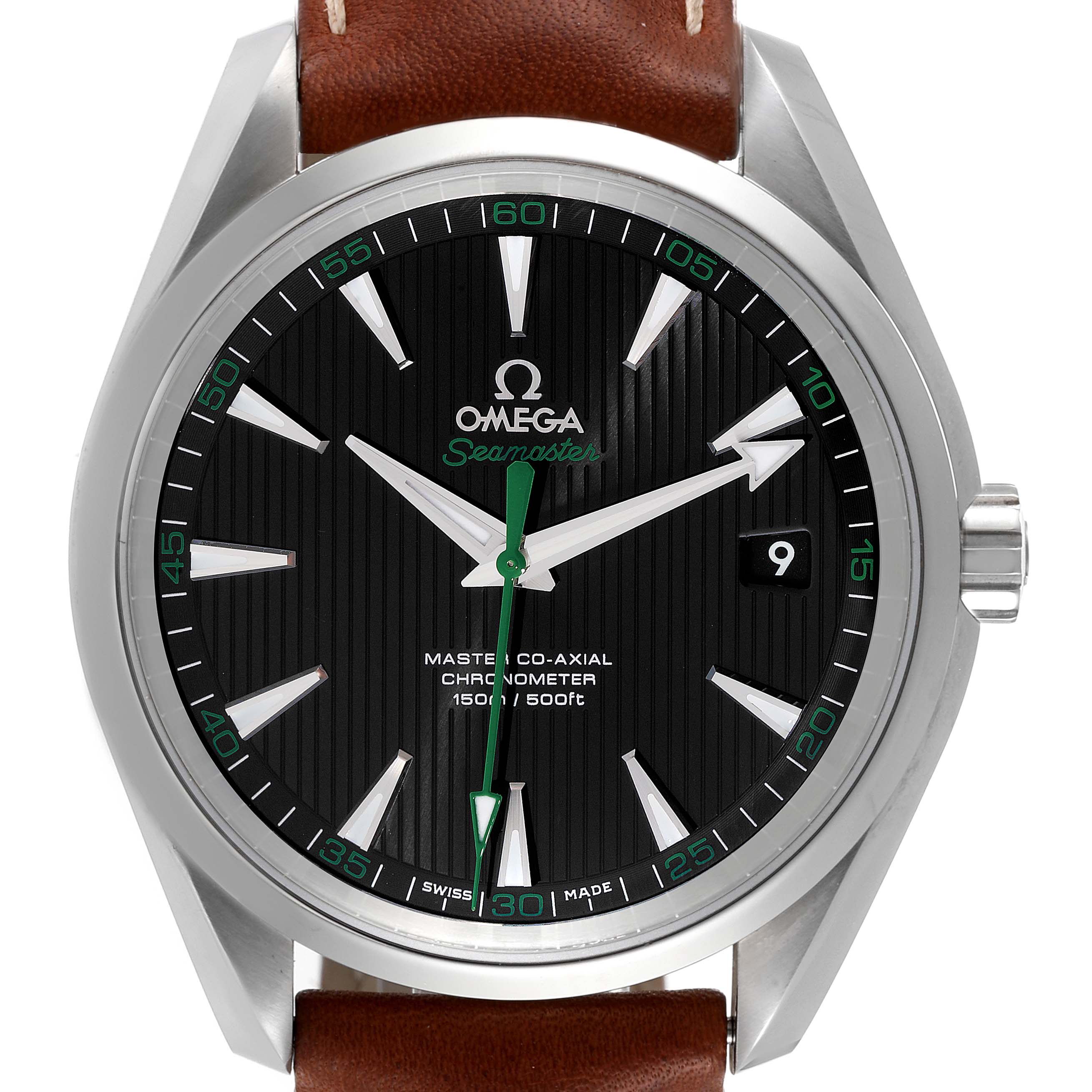 The image shows a front view of the Omega Aqua Terra 231.10.42.21.01.004 Men's Stainless Steel Black Dial 231.10.42.21.01.004 Men's Stainless Steel Black Dial model, showcasing its black dial, green accents, and brown leather strap.
