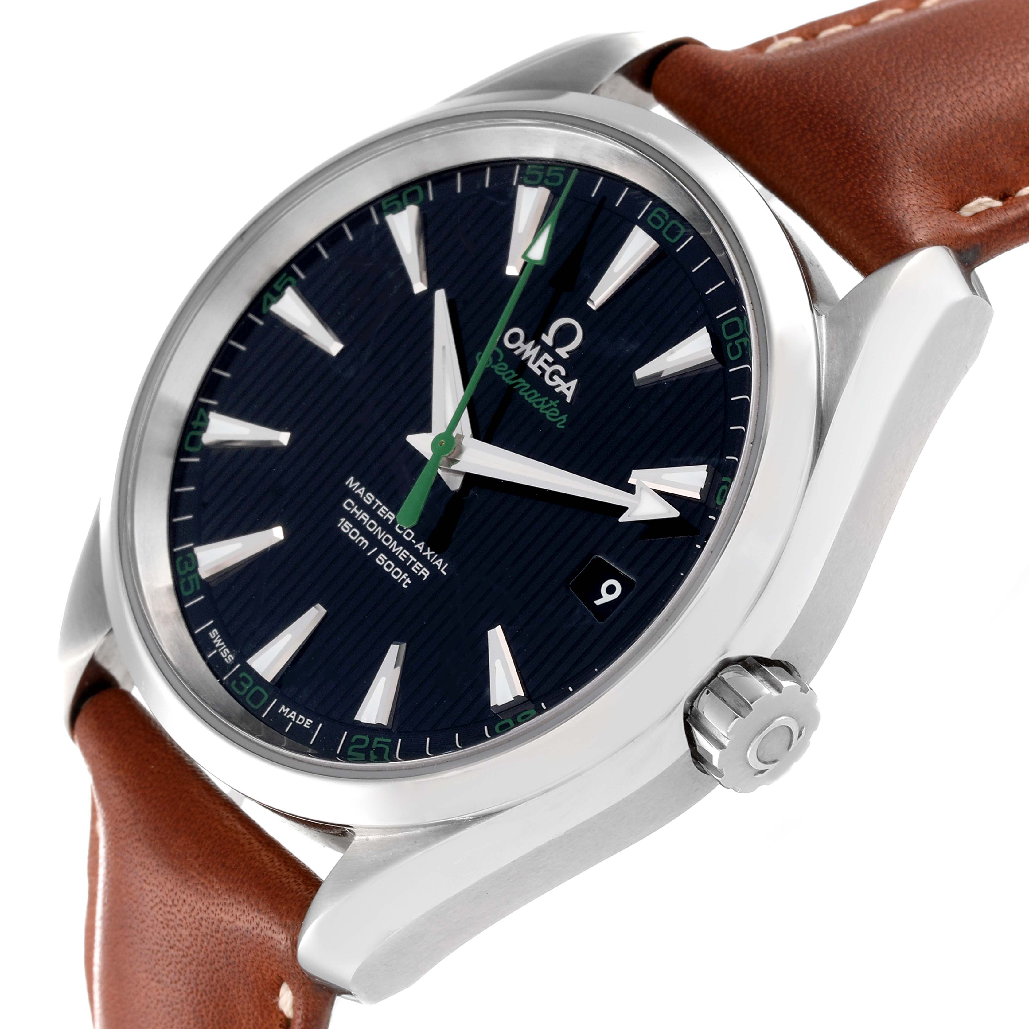 This image shows a close-up angled view of the Omega Aqua Terra 231.10.42.21.01.004 Men's Stainless Steel Black Dial 231.10.42.21.01.004 Men's Stainless Steel Black Dial watch, highlighting its face, crown, and leather strap.