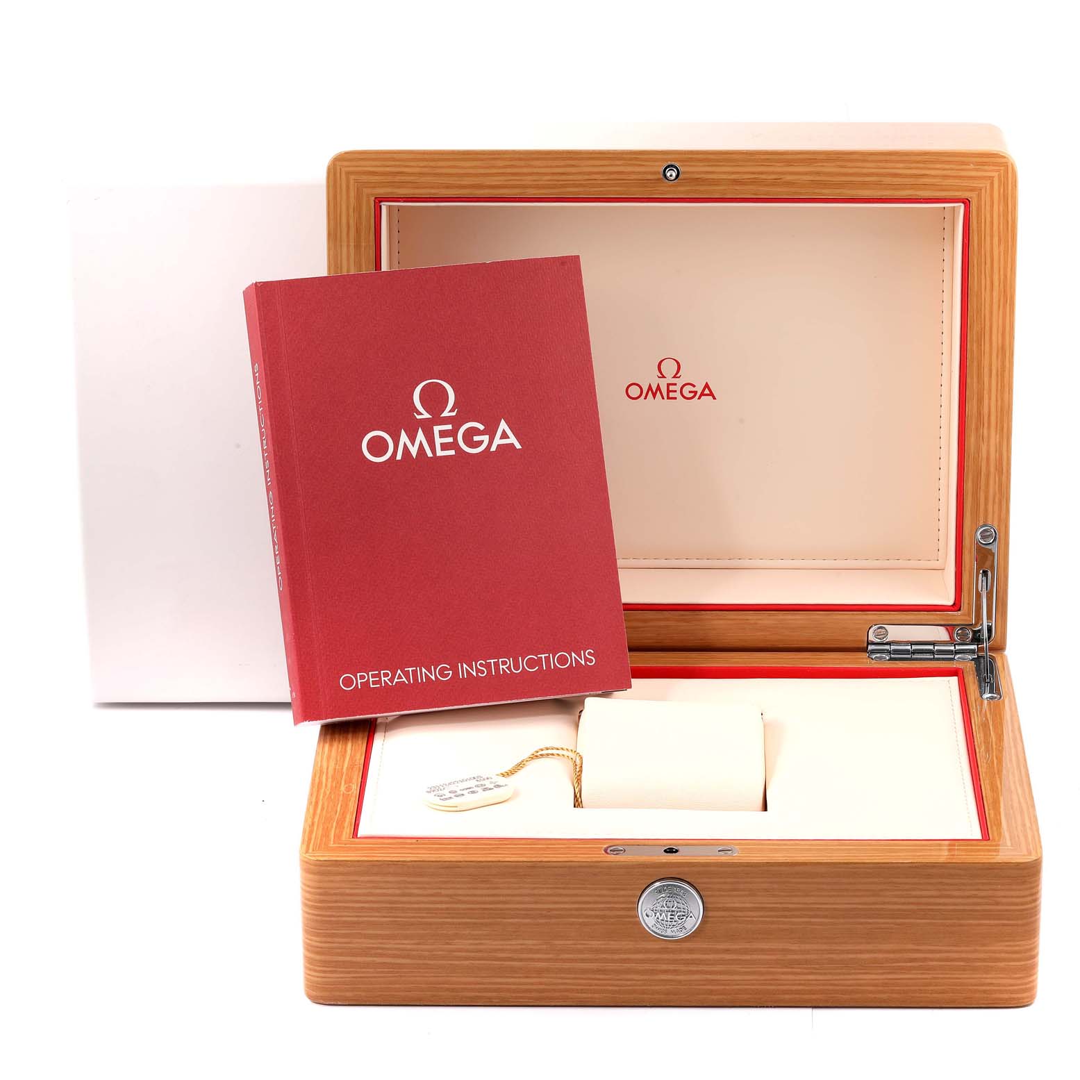 The image shows the box and operating instructions for an Omega Aqua Terra 231.10.42.21.01.004 Men's Stainless Steel Black Dial 231.10.42.21.01.004 Men's Stainless Steel Black Dial watch.