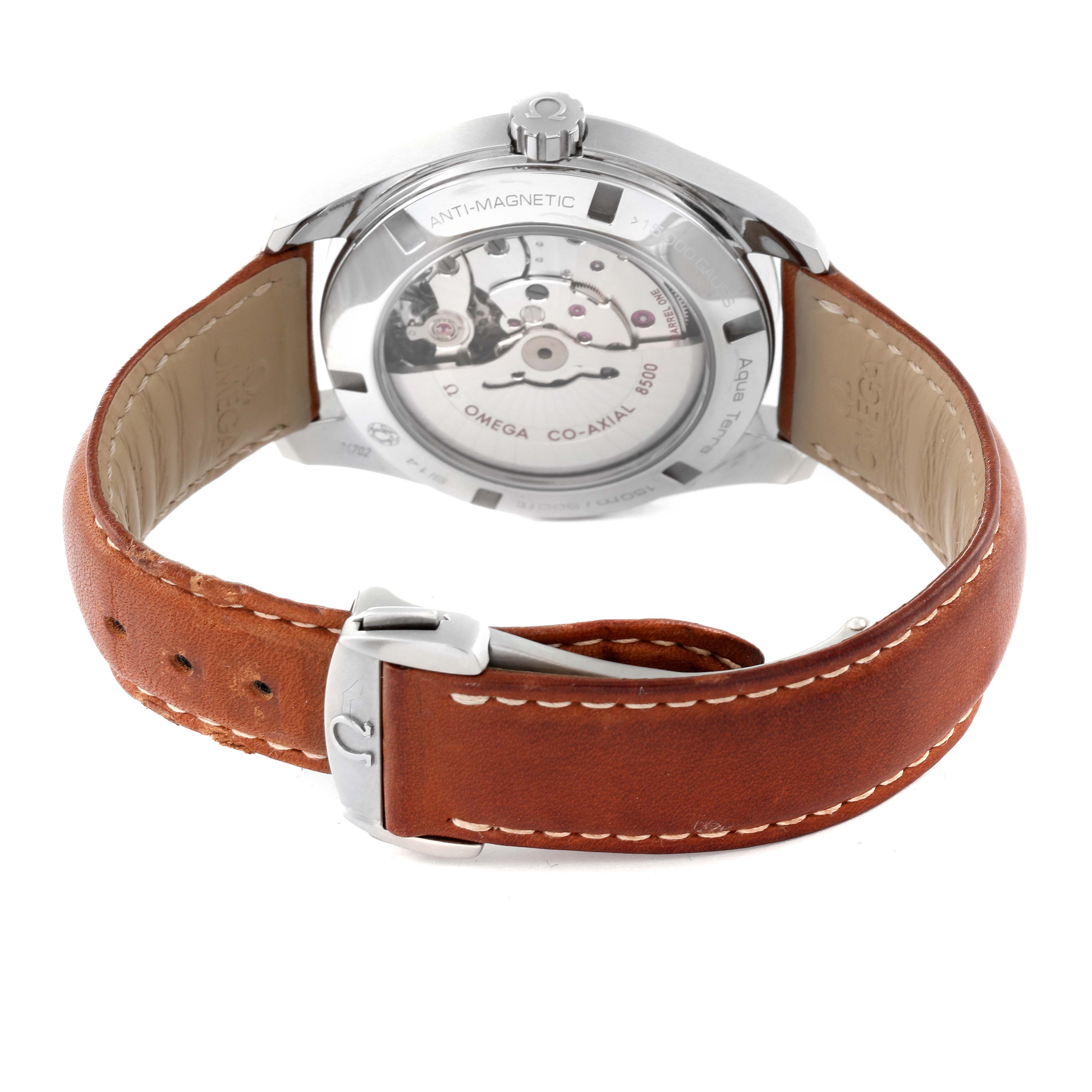 The image shows the back and interior mechanism of the Omega Aqua Terra 231.10.42.21.01.004 Men's Stainless Steel Black Dial 231.10.42.21.01.004 Men's Stainless Steel Black Dial watch, featuring a leather strap and the Omega Co-Axial movement.