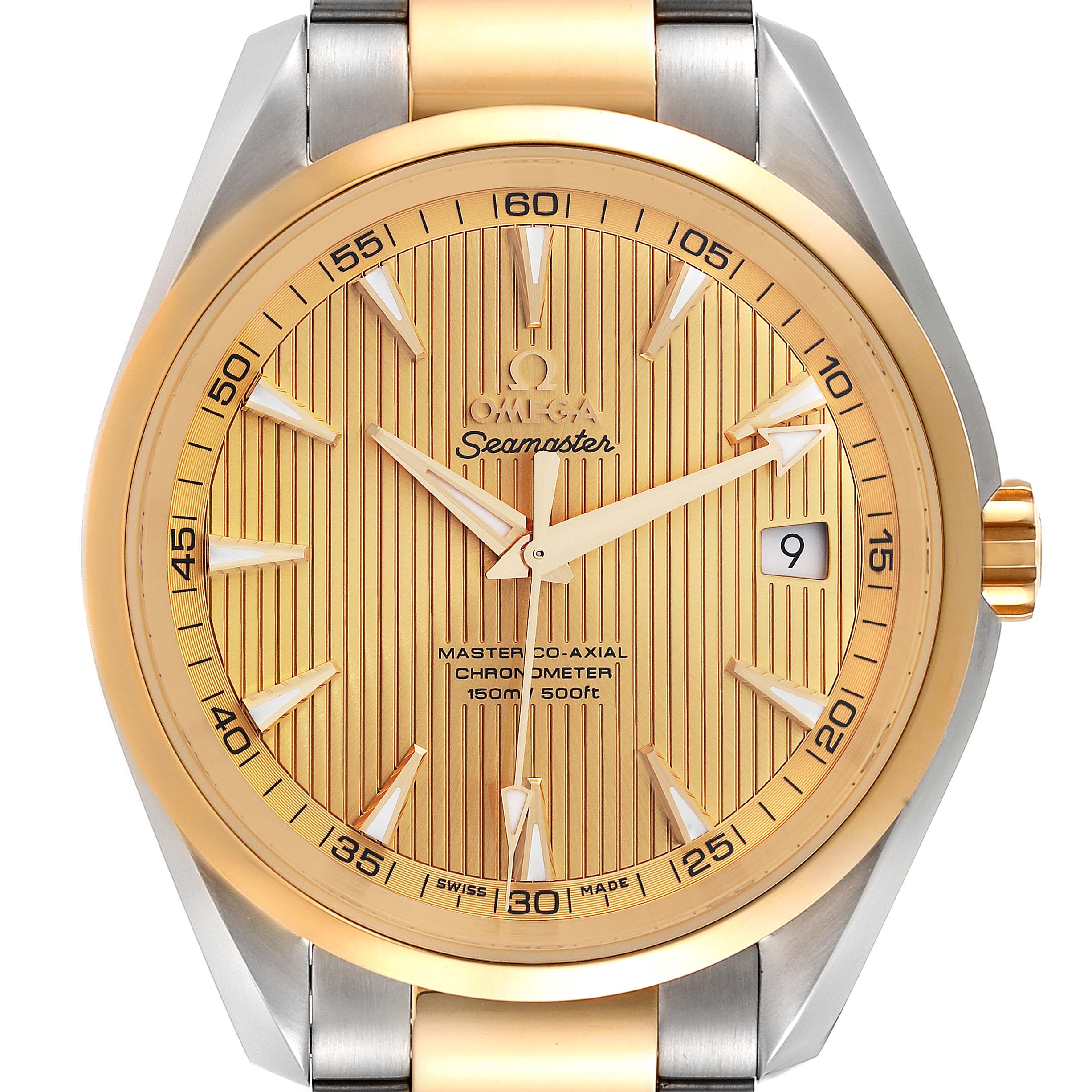 The image shows a front view of the Omega Aqua Terra 231.20.42.21.08.001 Men
s Steel and Gold (two tone) Champagne Dial 231.20.42.21.08.001 Men
s Steel and Gold (two tone) Champagne Dial watch, highlighting the dial, hands, bezel, crown, and part of the bracelet.