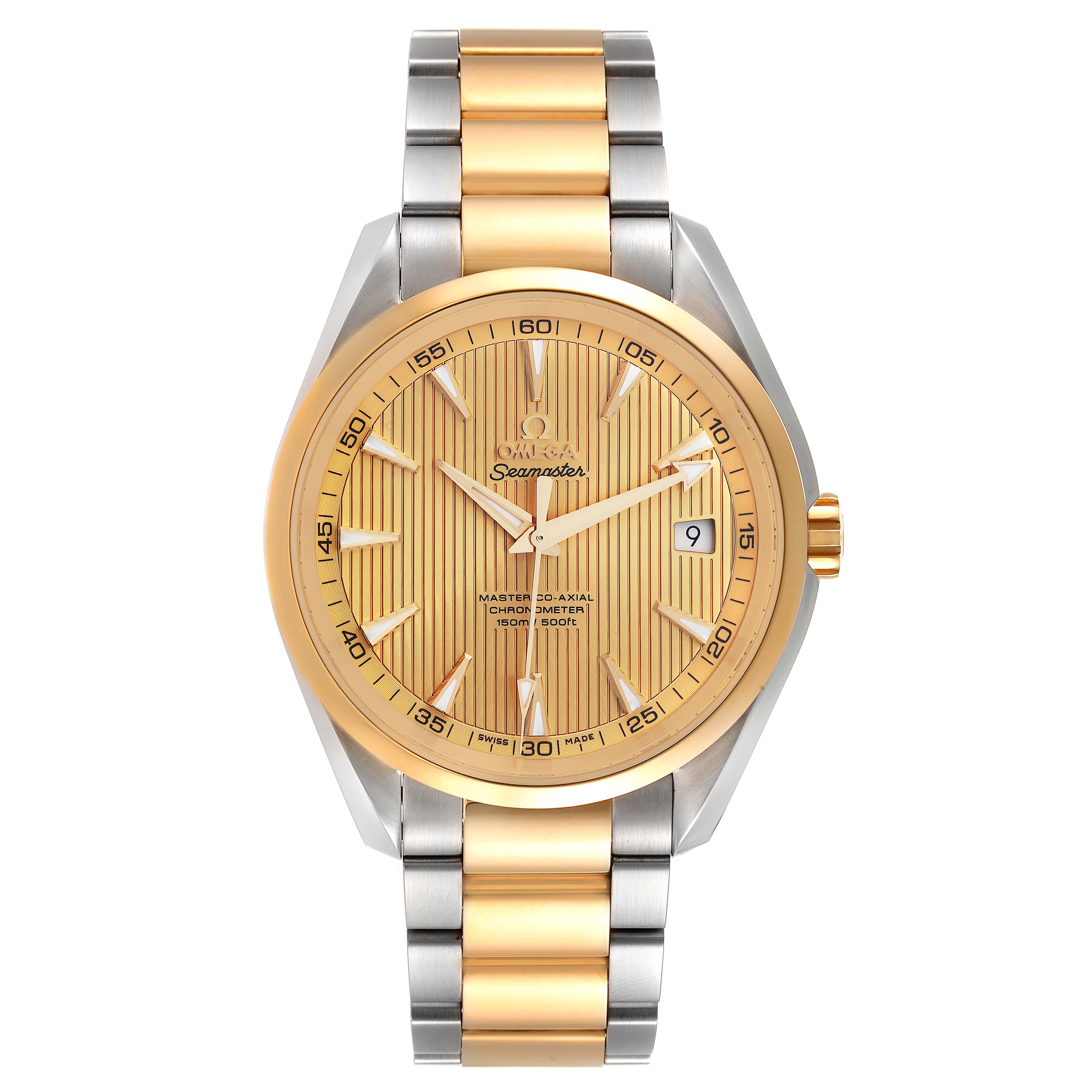 This image shows a front view of the Omega Aqua Terra 231.20.42.21.08.001 Men
s Steel and Gold (two tone) Champagne Dial 231.20.42.21.08.001 Men
s Steel and Gold (two tone) Champagne Dial watch, highlighting the gold dial, hands, date window, and two-toned bracelet.