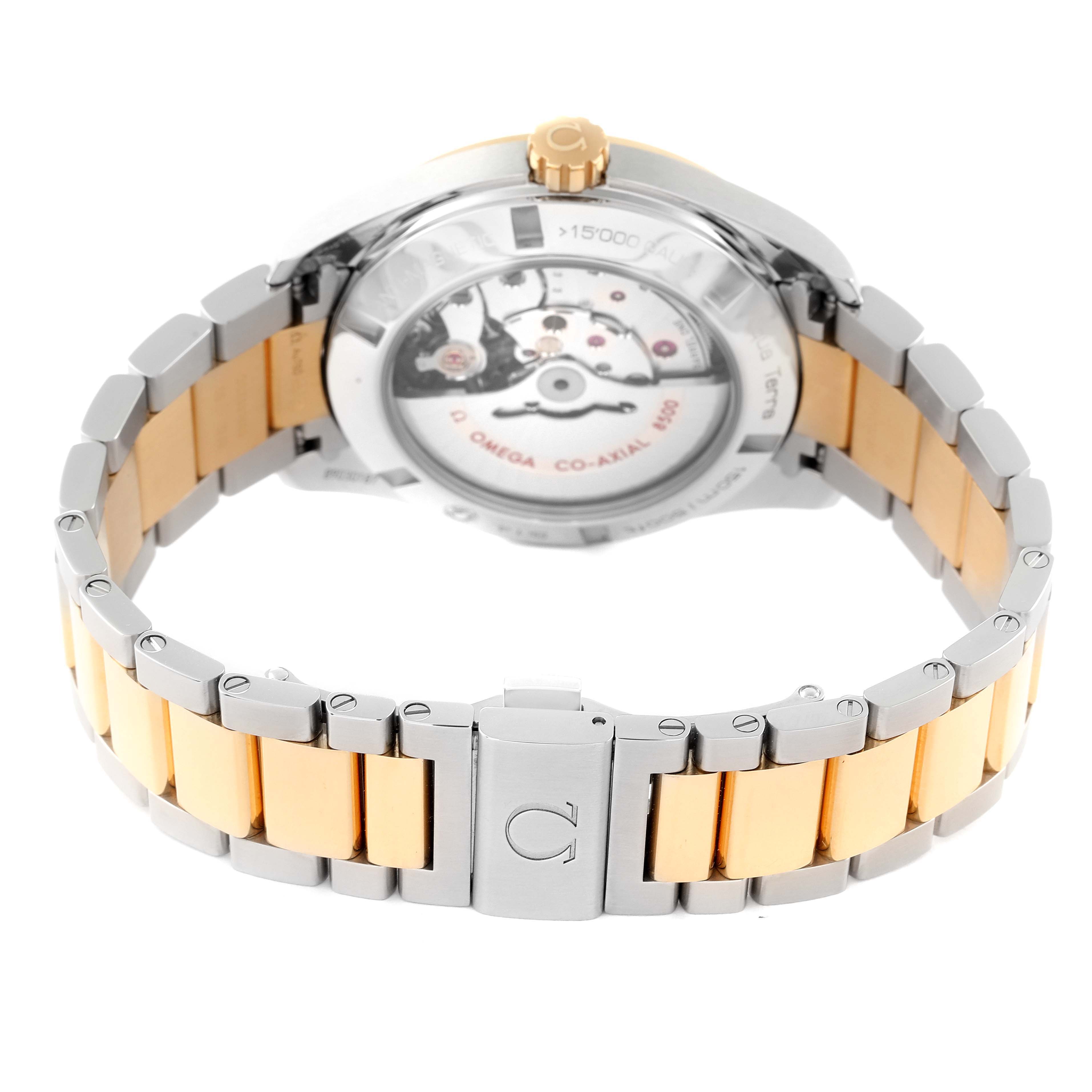 The image shows the back and bracelet of the Omega Aqua Terra 231.20.42.21.08.001 Men
s Steel and Gold (two tone) Champagne Dial 231.20.42.21.08.001 Men
s Steel and Gold (two tone) Champagne Dial watch, highlighting the movement and clasp. 