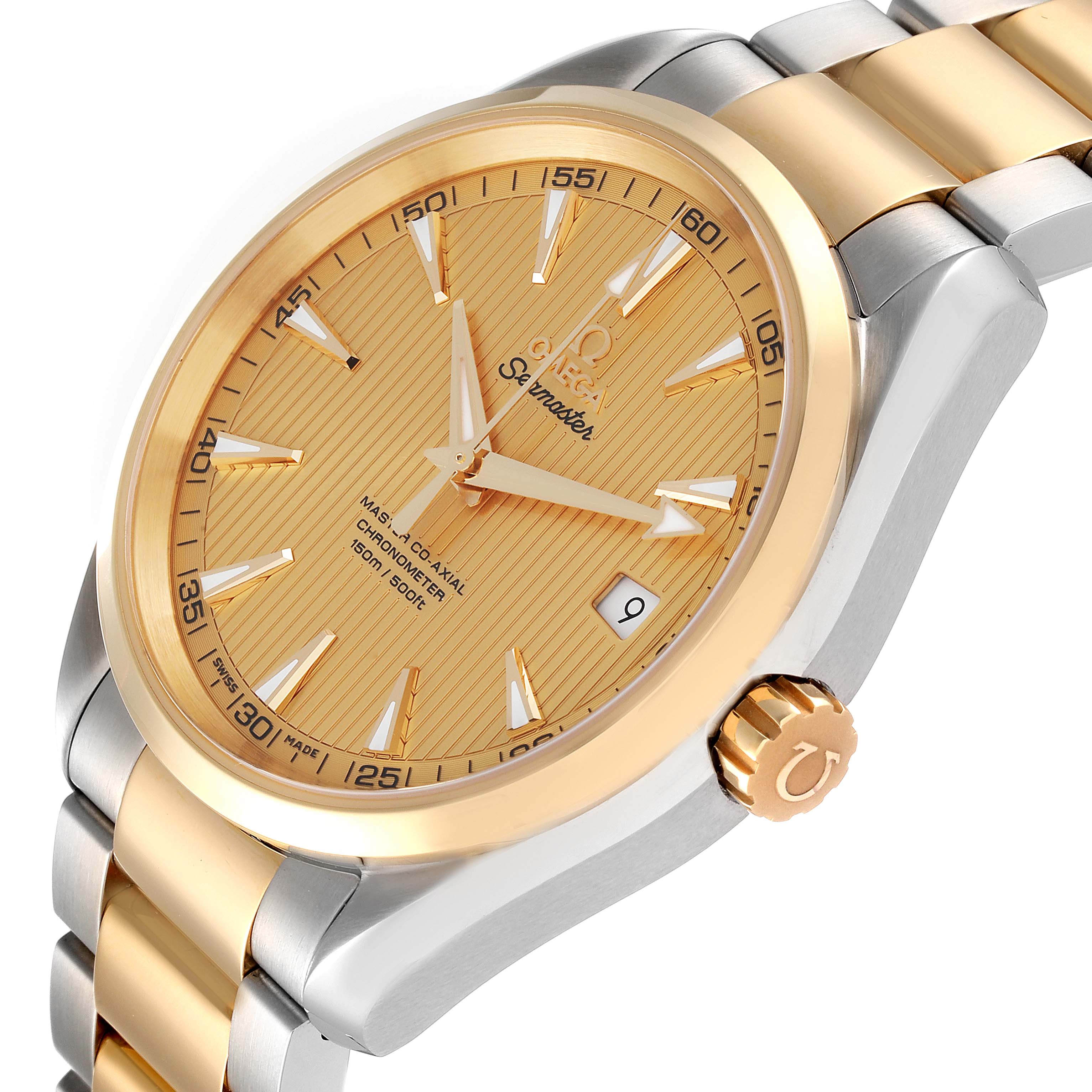 The image shows an Omega Aqua Terra 231.20.42.21.08.001 Men
s Steel and Gold (two tone) Champagne Dial 231.20.42.21.08.001 Men
s Steel and Gold (two tone) Champagne Dial watch at an angled close-up, highlighting the dial, hands, date window, bezel, and part of the bracelet.