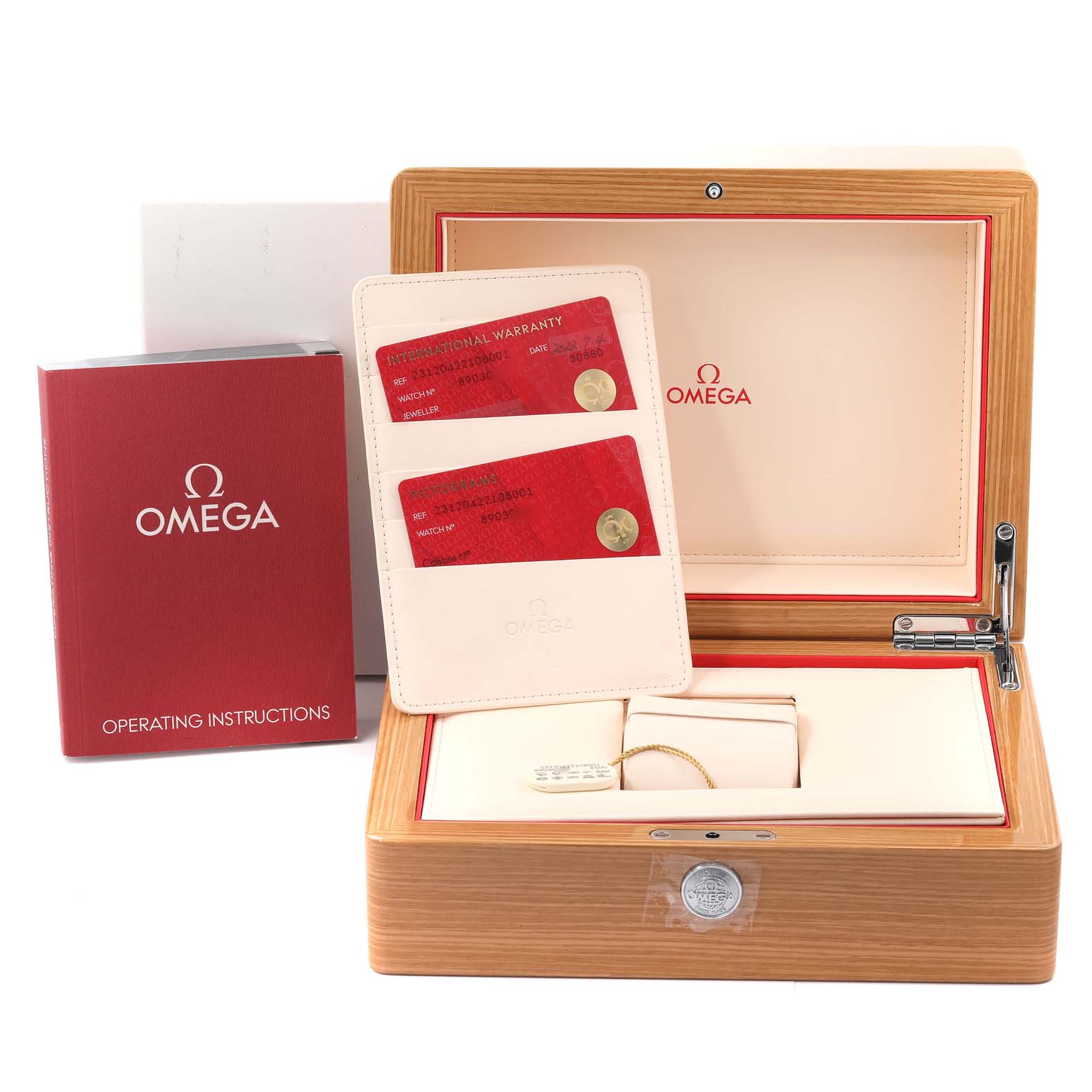 The image shows the Omega Aqua Terra 231.20.42.21.08.001 Men
s Steel and Gold (two tone) Champagne Dial 231.20.42.21.08.001 Men
s Steel and Gold (two tone) Champagne Dial watch box, with operating instructions, warranty cards, and accessory compartments.