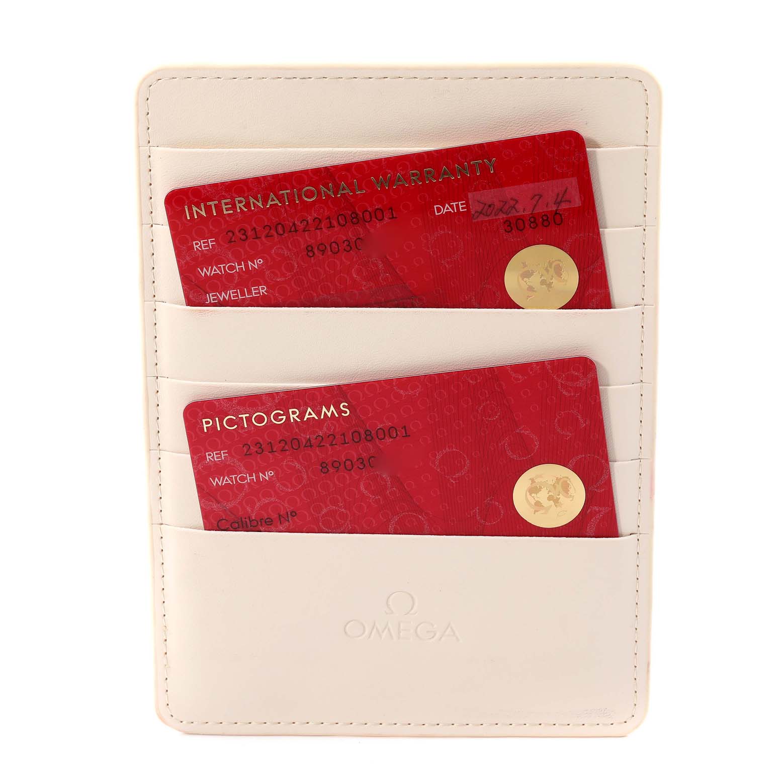 This image shows the warranty and pictogram cards for the Omega Aqua Terra 231.20.42.21.08.001 Men
s Steel and Gold (two tone) Champagne Dial 231.20.42.21.08.001 Men
s Steel and Gold (two tone) Champagne Dial model in a white Omega cardholder.