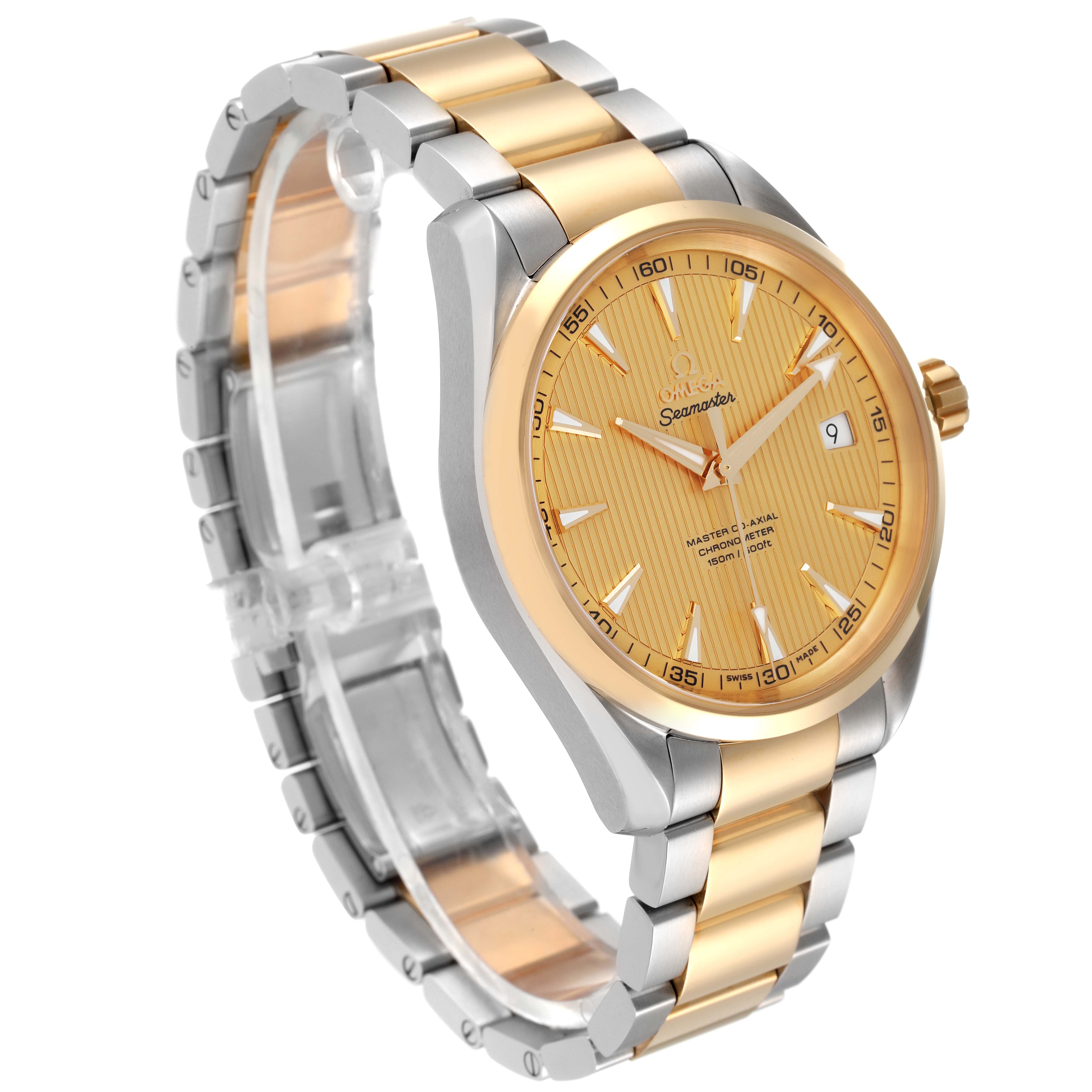 The image shows the Omega Seamaster Aqua Terra watch at a slight angle, highlighting its face, bezel, and two-tone bracelet.