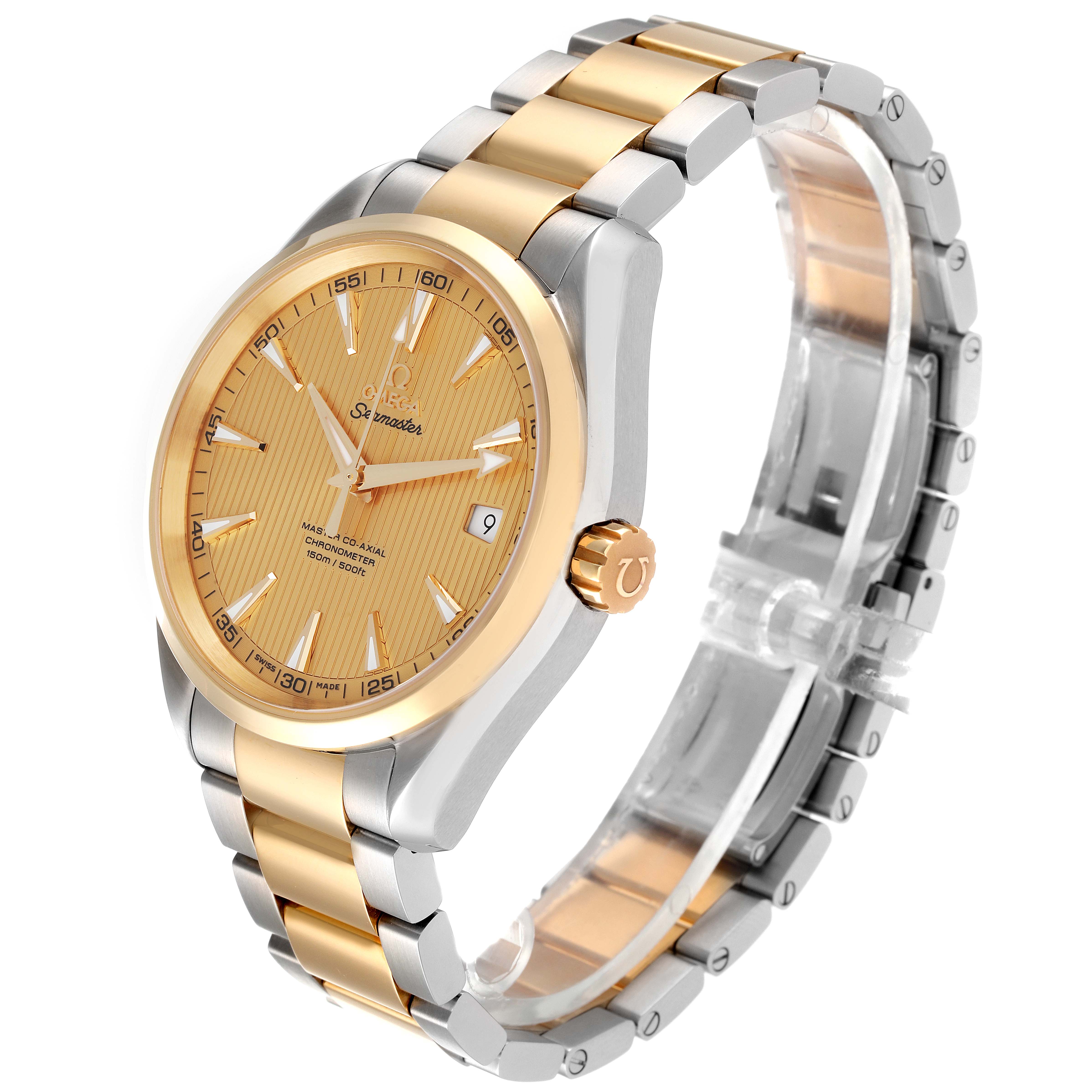 The Omega Aqua Terra 231.20.42.21.08.001 Men
s Steel and Gold (two tone) Champagne Dial 231.20.42.21.08.001 Men
s Steel and Gold (two tone) Champagne Dial watch is shown at a three-quarter angle highlighting its dial, bezel, crown, and two-tone bracelet.