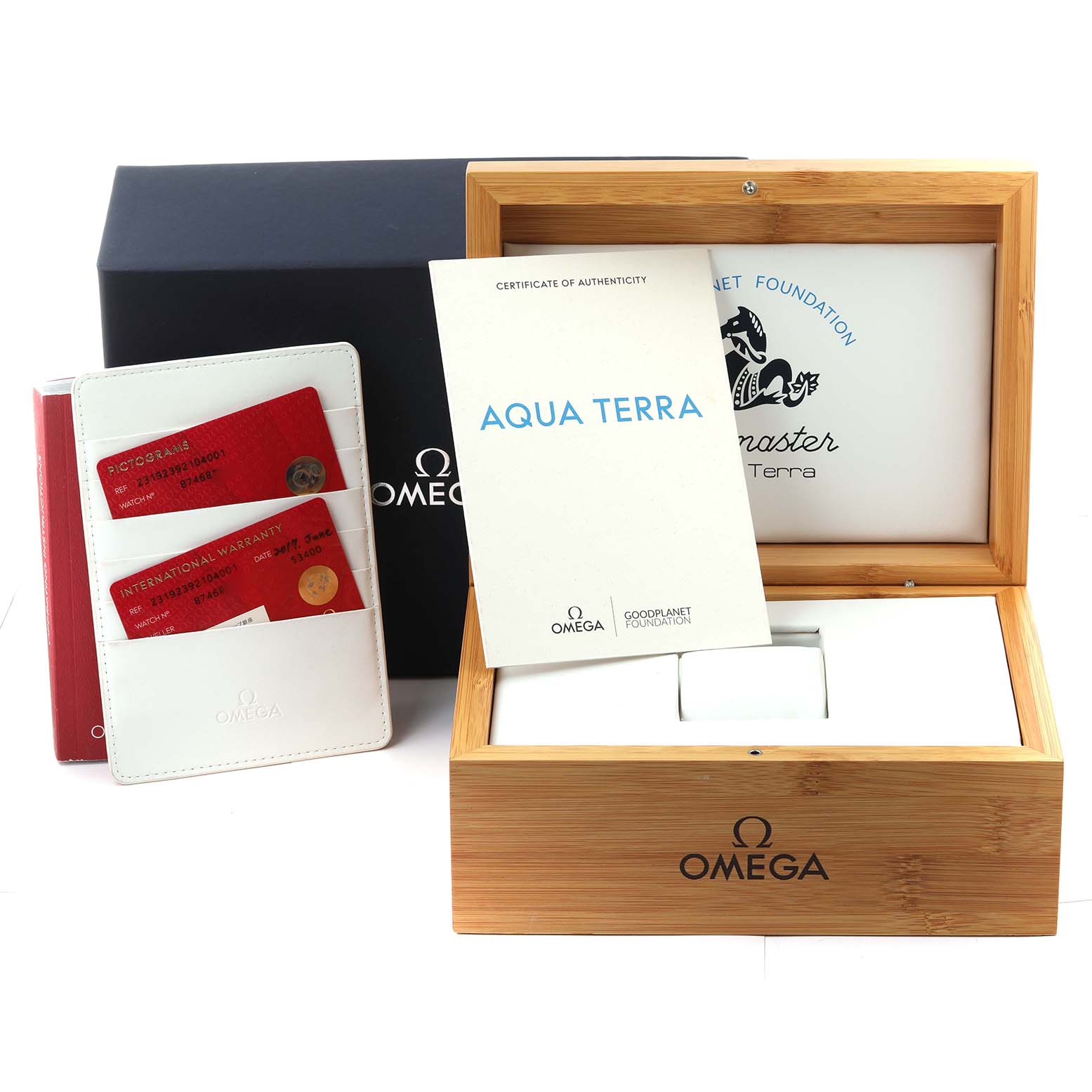 The Omega Aqua Terra 231.92.39.21.04.001 Men's Titanium White Dial 231.92.39.21.04.001 Men's Titanium White Dial packaging includes a wooden box, certificate, and warranties, shown from a front angle.