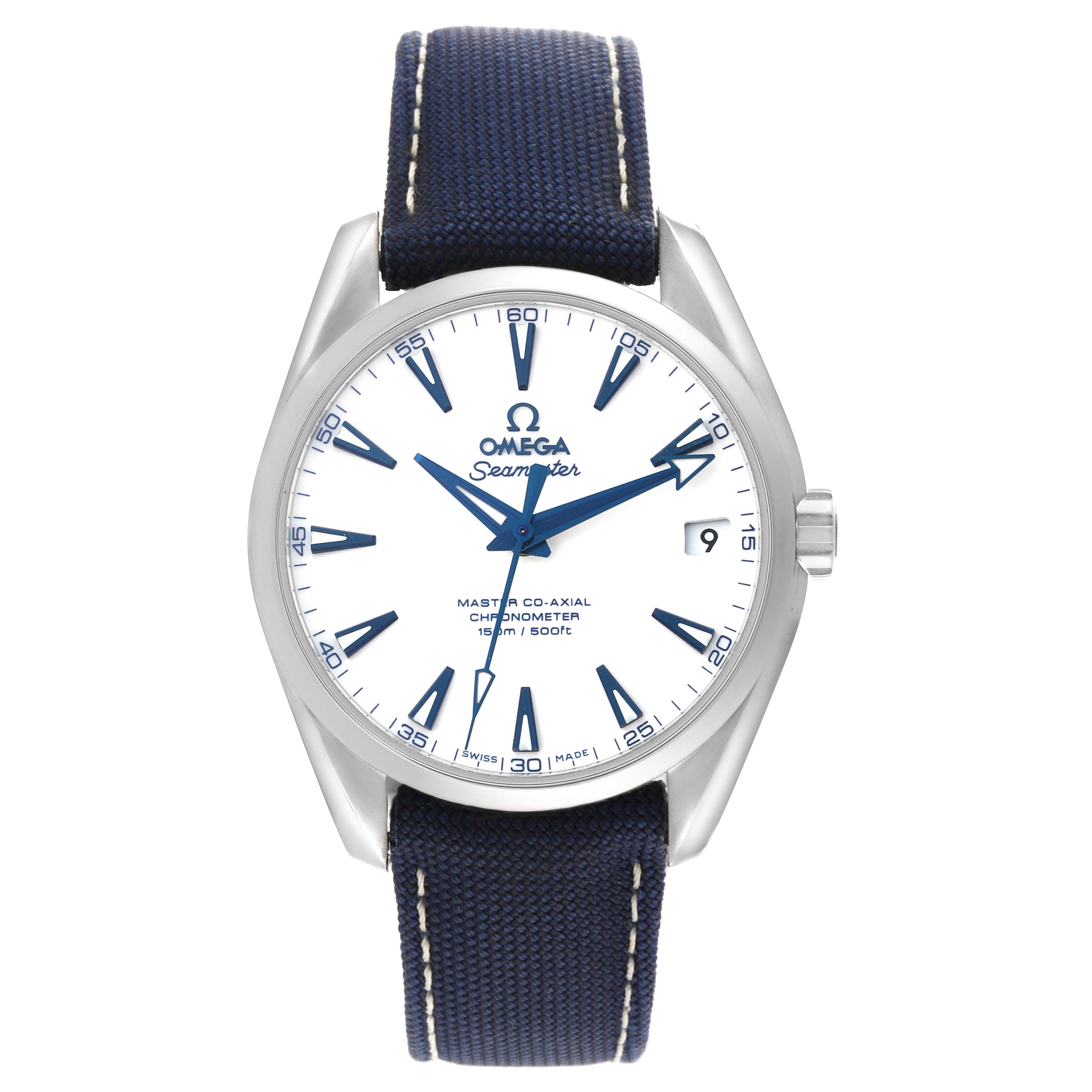 The Omega Aqua Terra 231.92.39.21.04.001 Men's Titanium White Dial 231.92.39.21.04.001 Men's Titanium White Dial watch is shown from the front, displaying the face, hands, case, and strap.