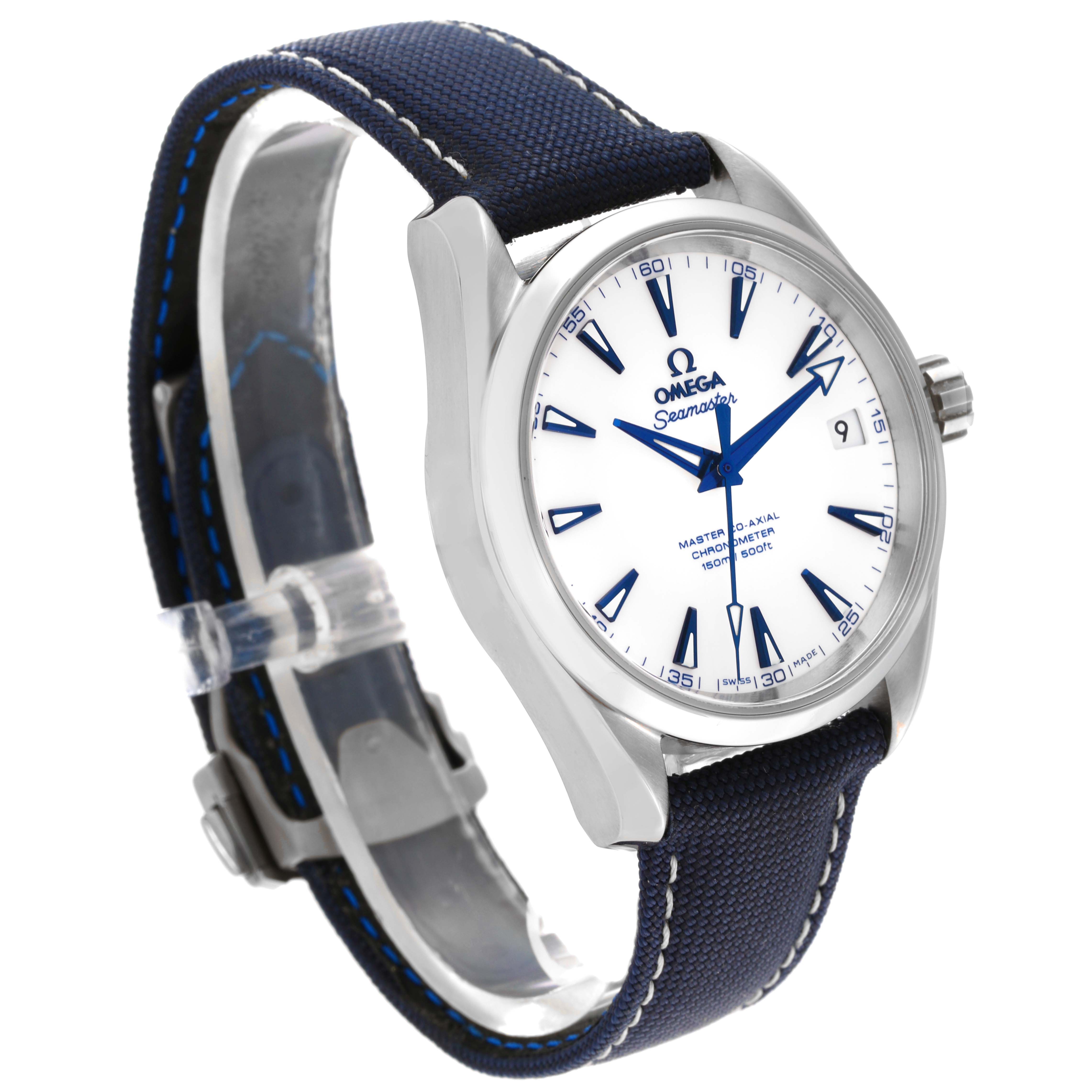 The Omega Aqua Terra 231.92.39.21.04.001 Men's Titanium White Dial 231.92.39.21.04.001 Men's Titanium White Dial watch is shown at a slight angle, highlighting the face, bezel, and blue strap.