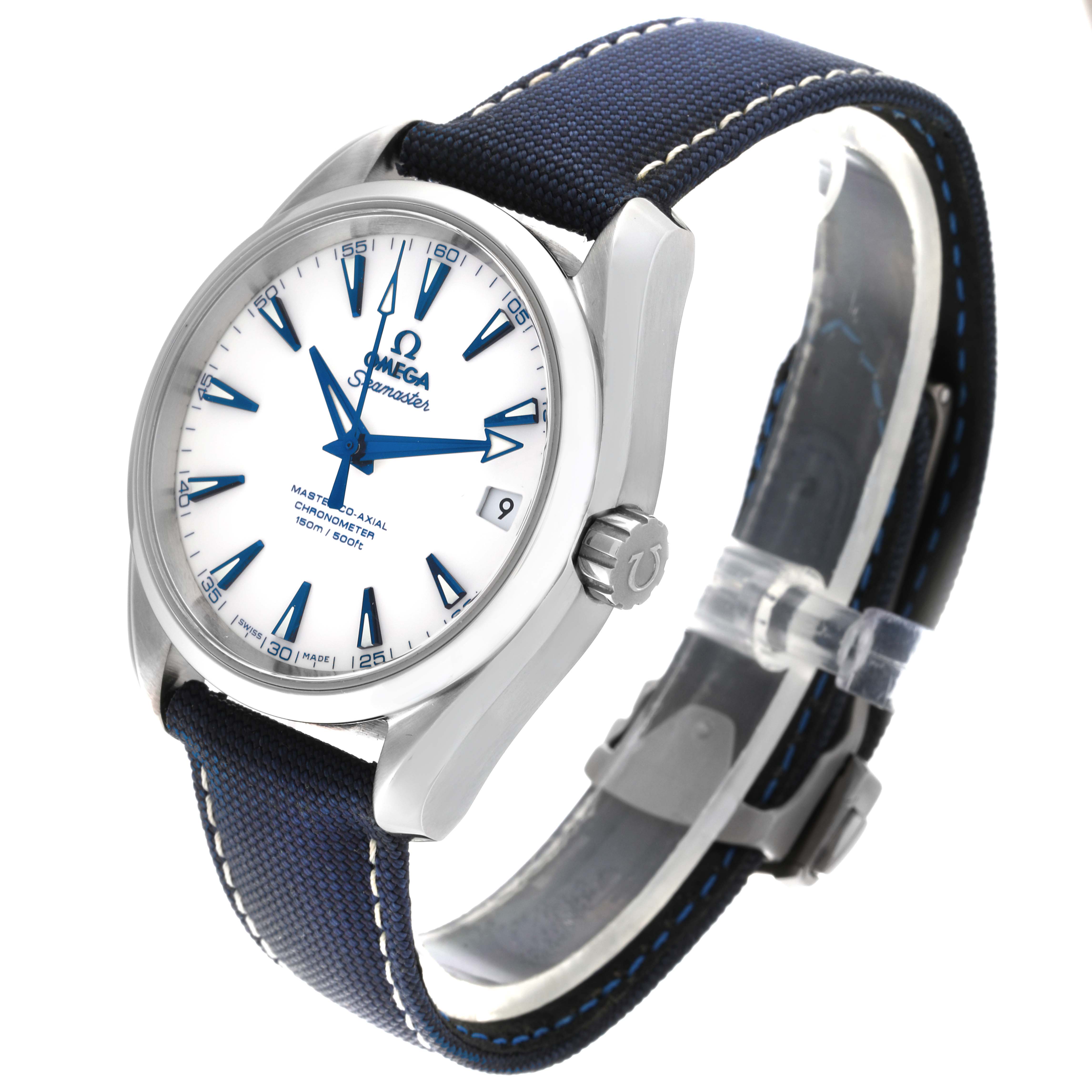 The Omega Aqua Terra 231.92.39.21.04.001 Men's Titanium White Dial 231.92.39.21.04.001 Men's Titanium White Dial watch is shown at an angled side view, displaying the face, bezel, crown, and fabric strap.