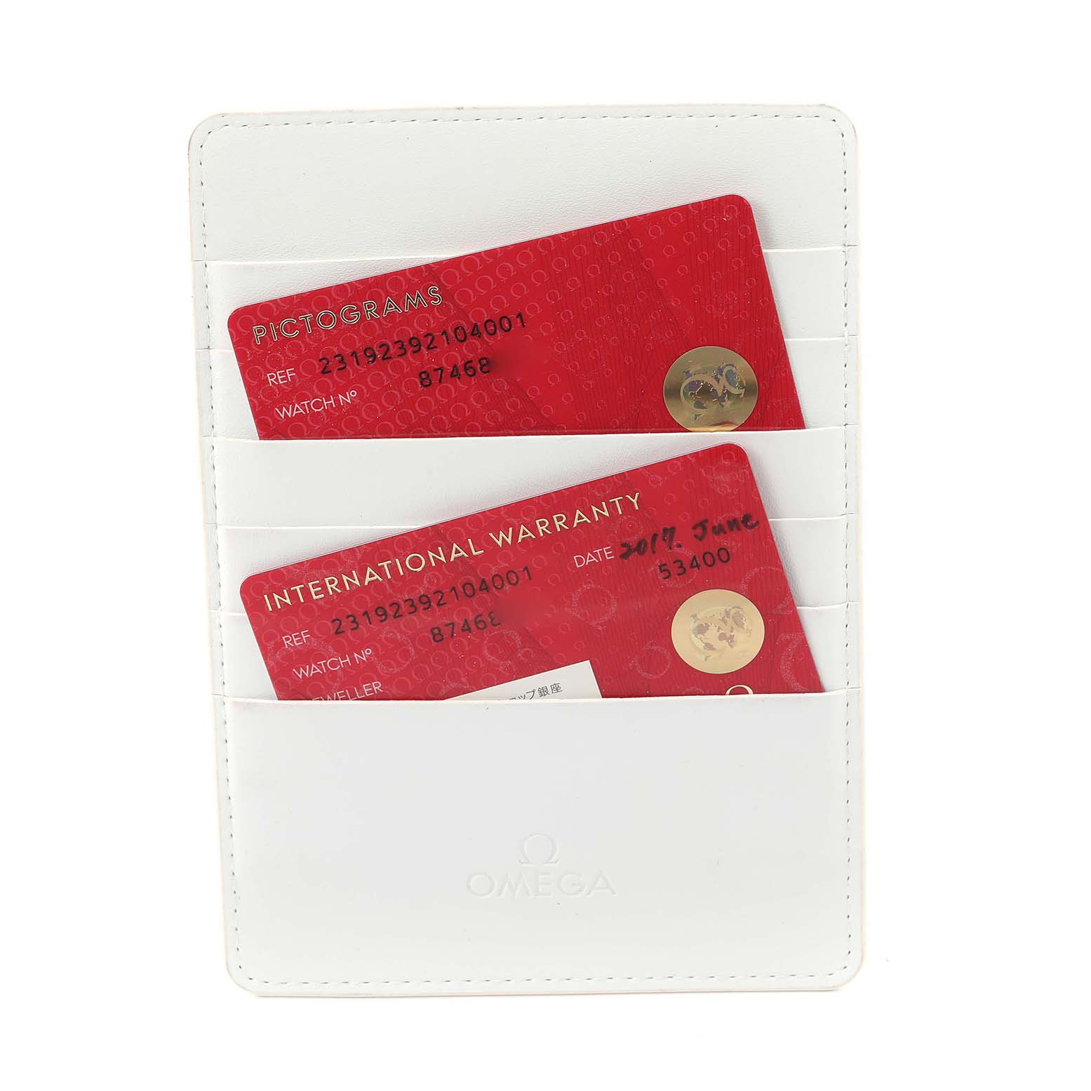 The image shows warranty and pictogram cards for the Omega Aqua Terra 231.92.39.21.04.001 Men's Titanium White Dial 231.92.39.21.04.001 Men's Titanium White Dial model in a white holder.