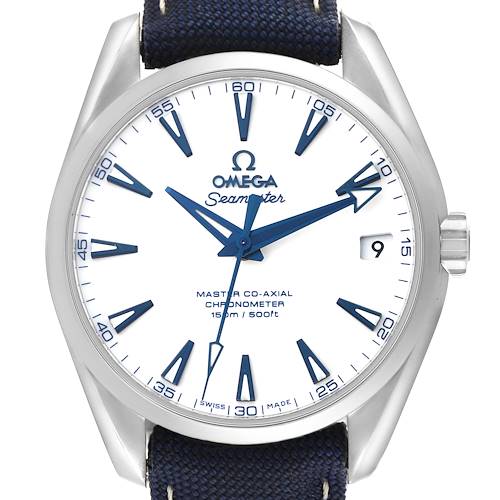 The Omega Aqua Terra watch is shown from a straight-on angle, displaying the face, bezel, and crown.