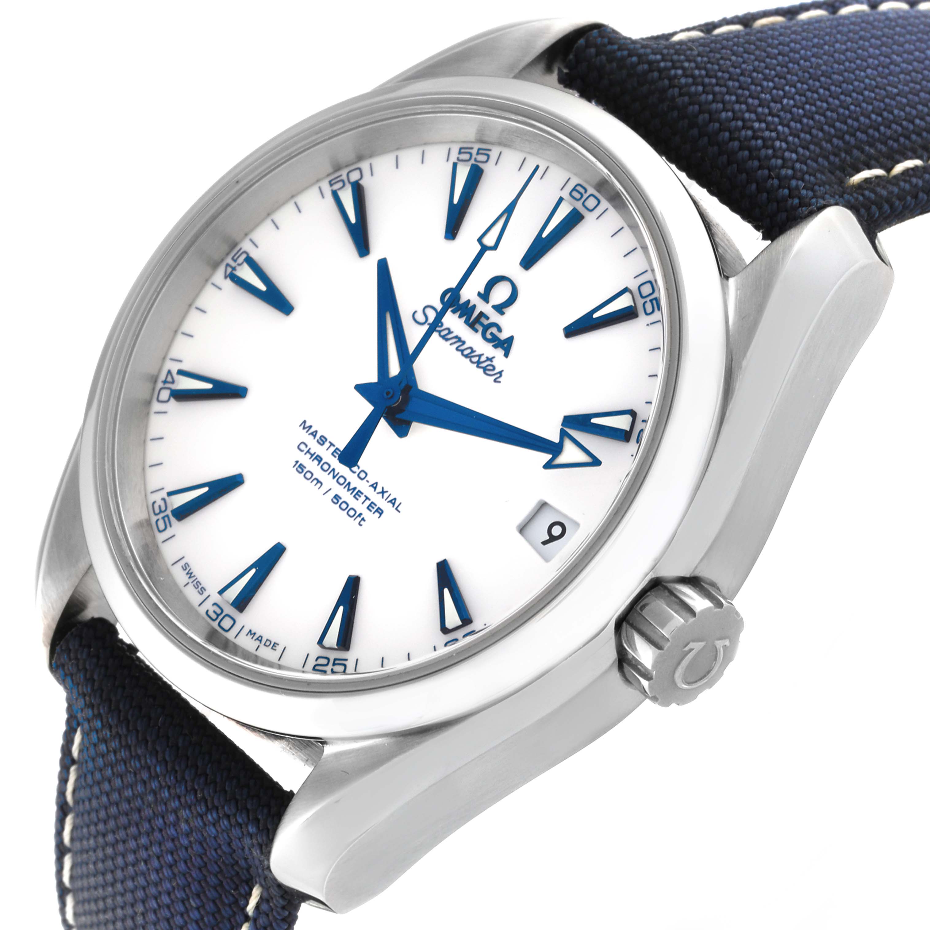 The Omega Aqua Terra 231.92.39.21.04.001 Men's Titanium White Dial 231.92.39.21.04.001 Men's Titanium White Dial watch is shown at an angled view, highlighting the dial, hour markers, hands, bezel, crown, and strap.