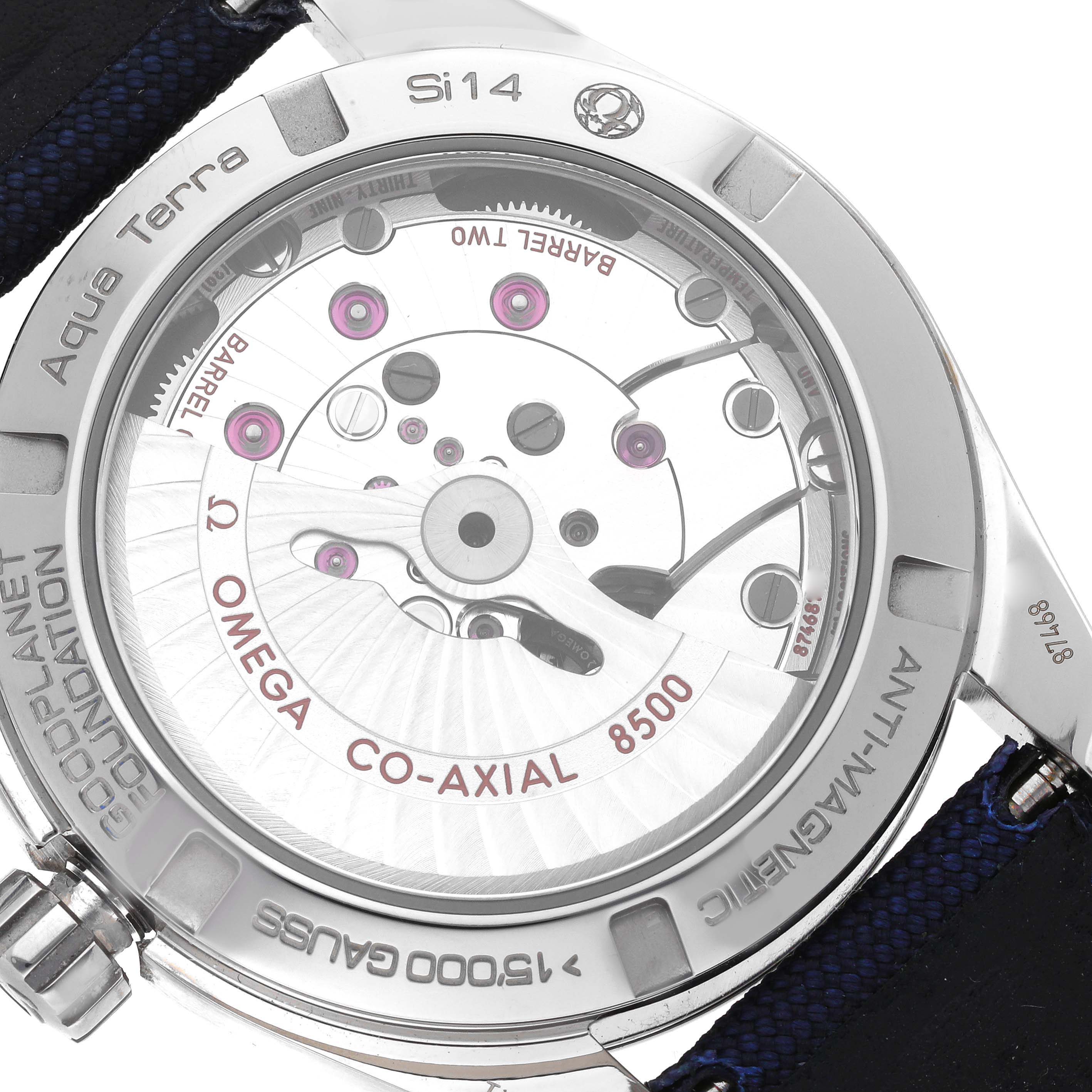 The image shows the back view of the Omega Aqua Terra 231.92.39.21.04.001 Men's Titanium White Dial 231.92.39.21.04.001 Men's Titanium White Dial watch, highlighting the movement and inner mechanics.