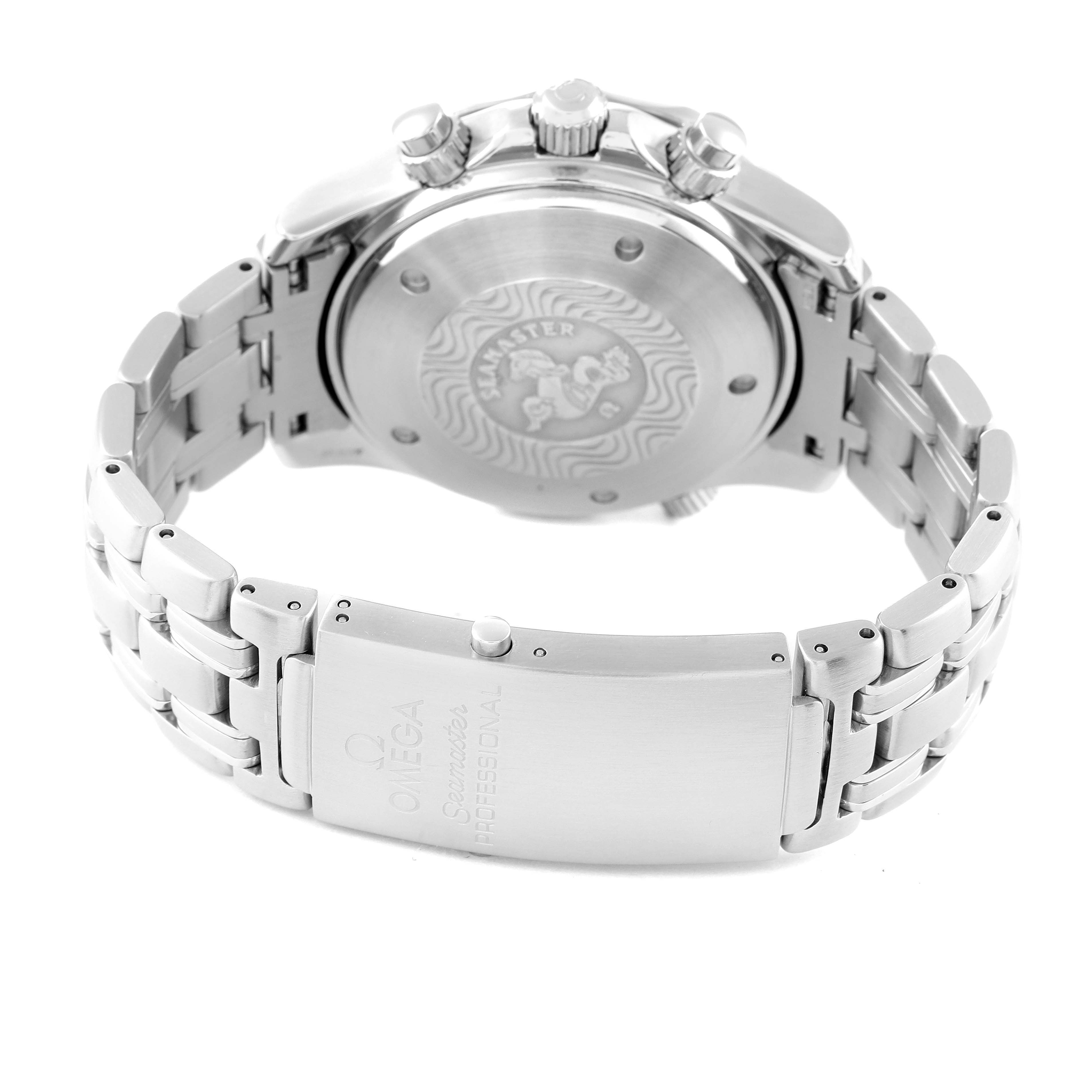 The image shows the back case and bracelet of the Omega Seamaster 2598.80.00 Men's Stainless Steel Blue Dial 2598.80.00 Men's Stainless Steel Blue Dial watch, highlighting the clasp and case back engravings.