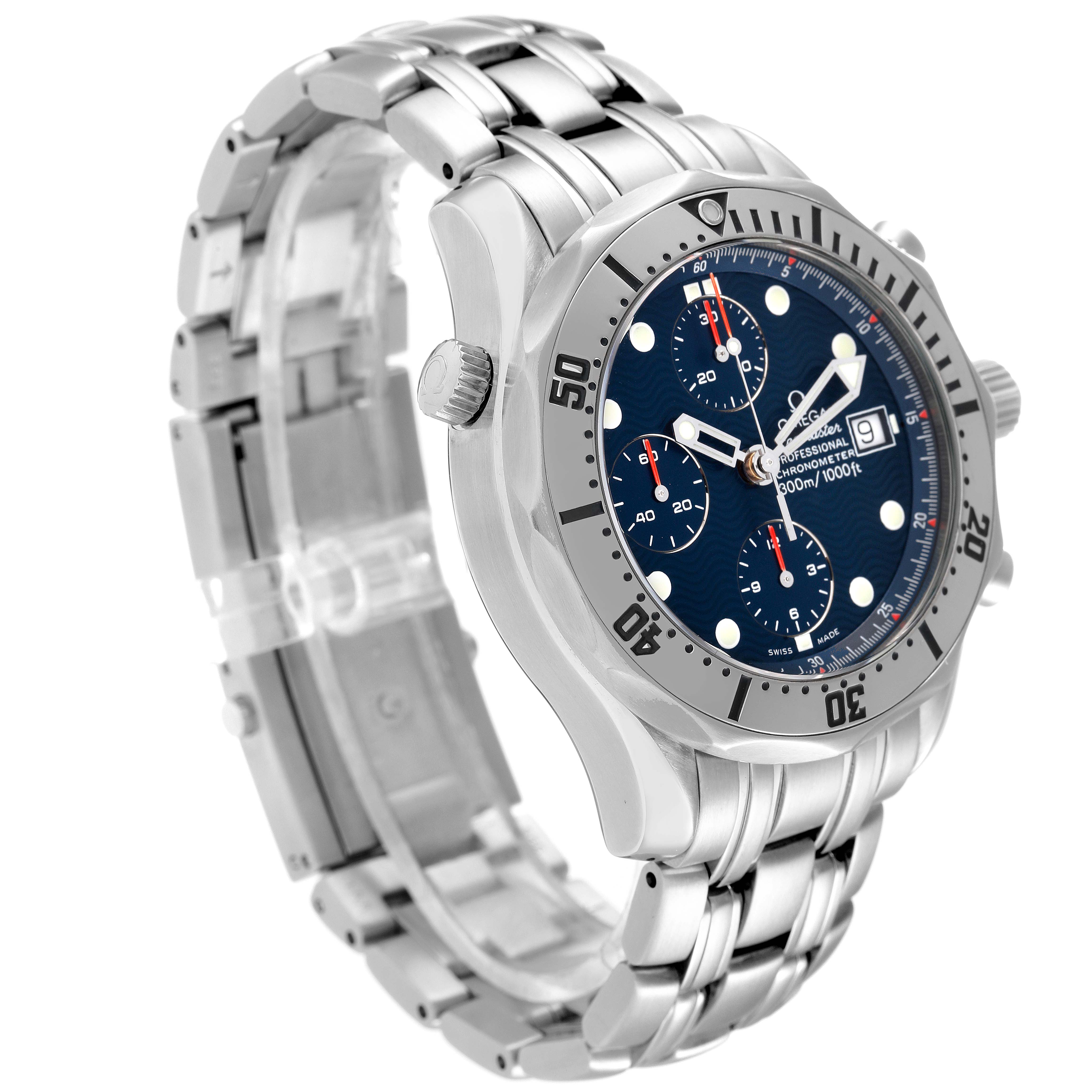 The image shows an Omega Seamaster 2598.80.00 Men's Stainless Steel Blue Dial 2598.80.00 Men's Stainless Steel Blue Dial watch from a side angle, highlighting the bracelet, bezel, dial, and crown.