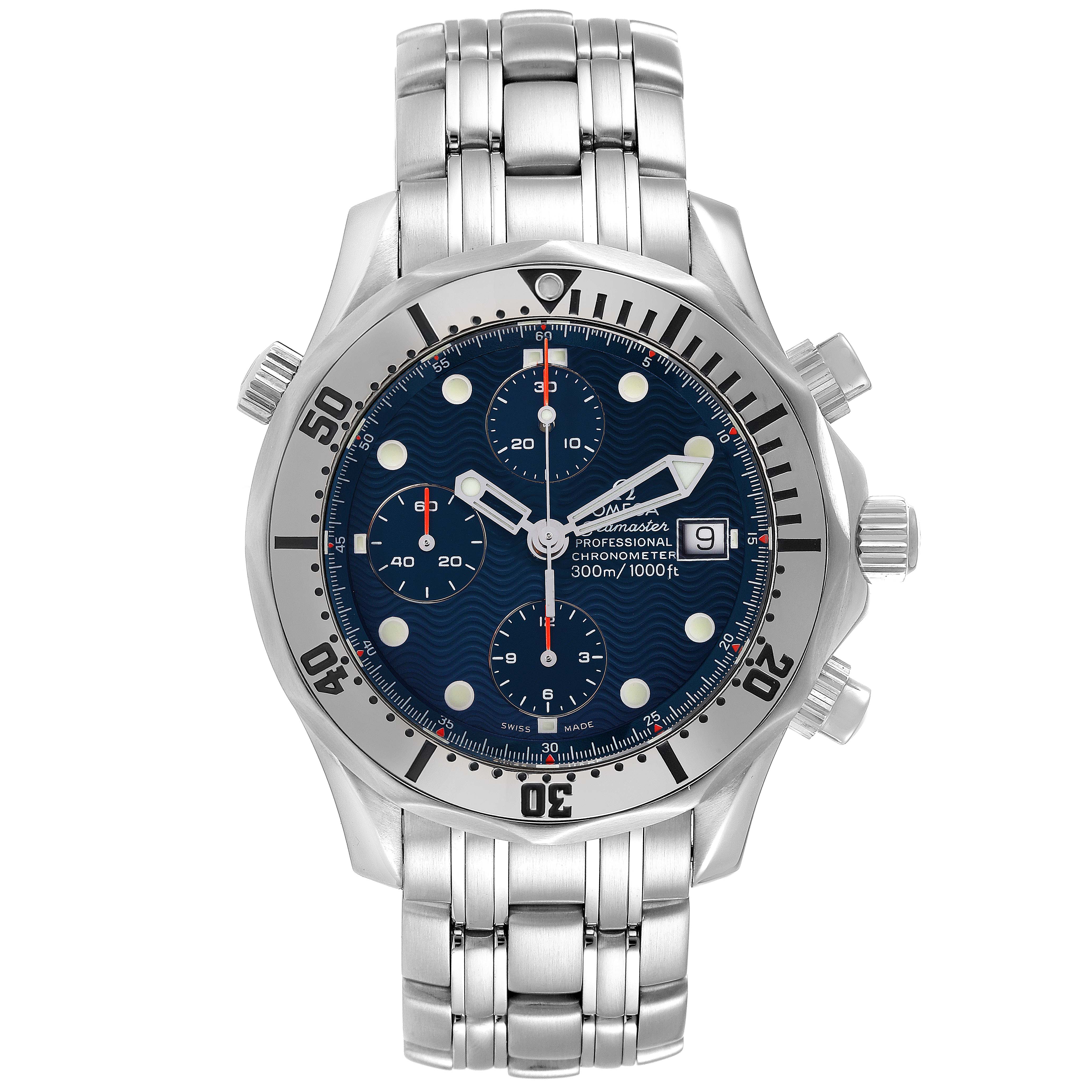 The image shows a frontal view of the Omega Seamaster 2598.80.00 Men's Stainless Steel Blue Dial 2598.80.00 Men's Stainless Steel Blue Dial watch, displaying the dial, bezel, pushers, and bracelet.