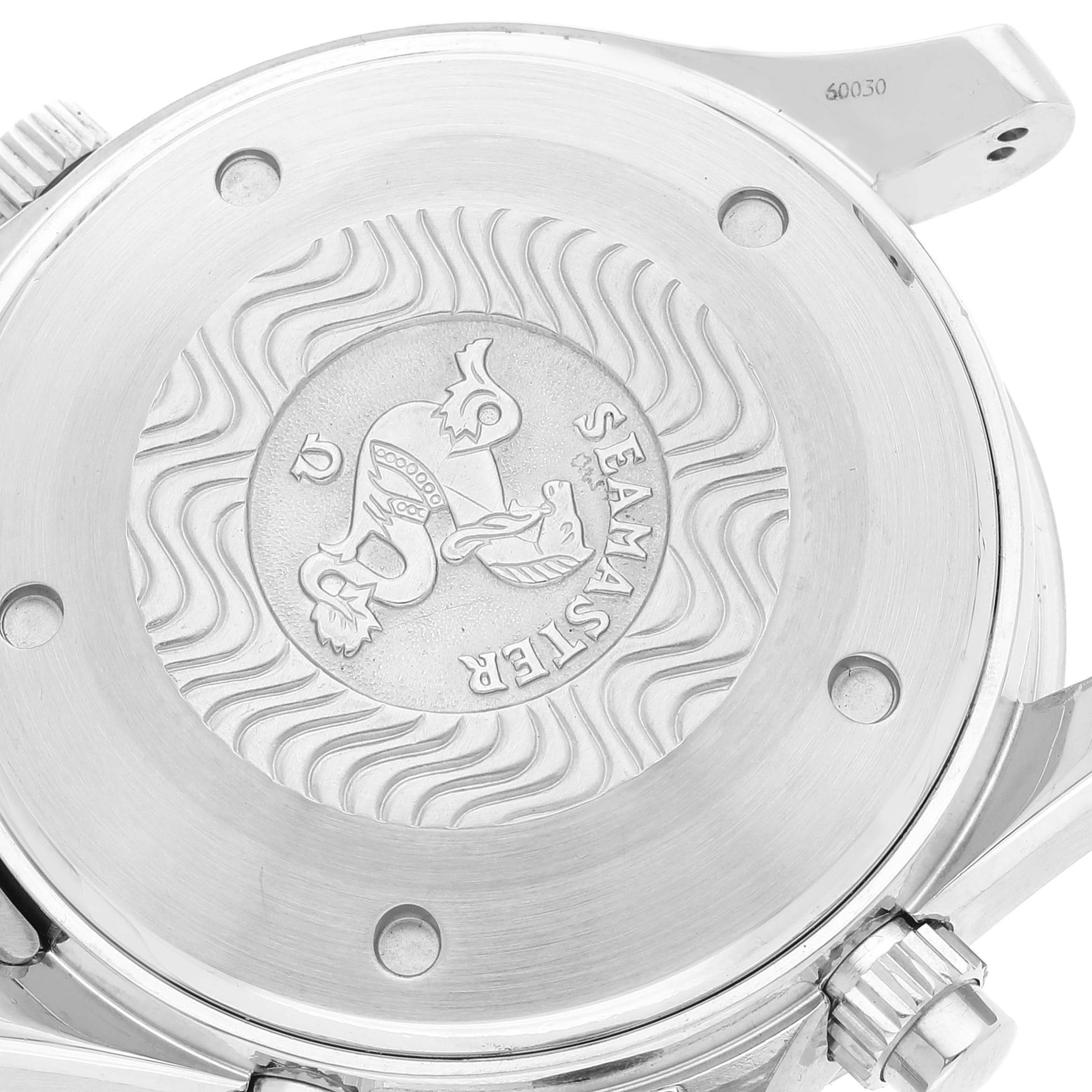 This image shows the case back of the Omega Seamaster 2598.80.00 Men's Stainless Steel Blue Dial 2598.80.00 Men's Stainless Steel Blue Dial watch, featuring its engraved logo and crown.