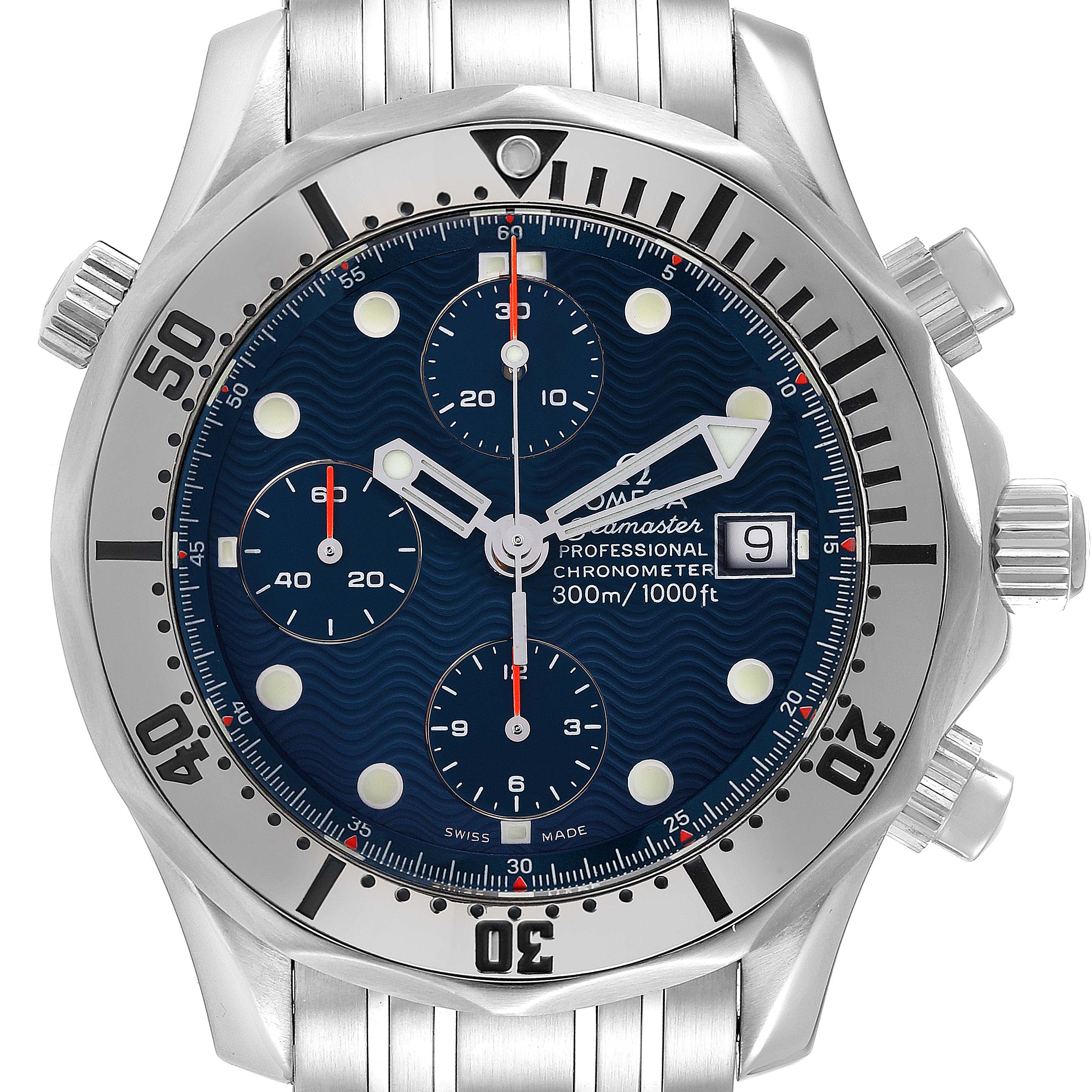 The image shows a front view of an Omega Seamaster 2598.80.00 Men's Stainless Steel Blue Dial 2598.80.00 Men's Stainless Steel Blue Dial watch featuring its dial, bezel, and chronograph subdials.