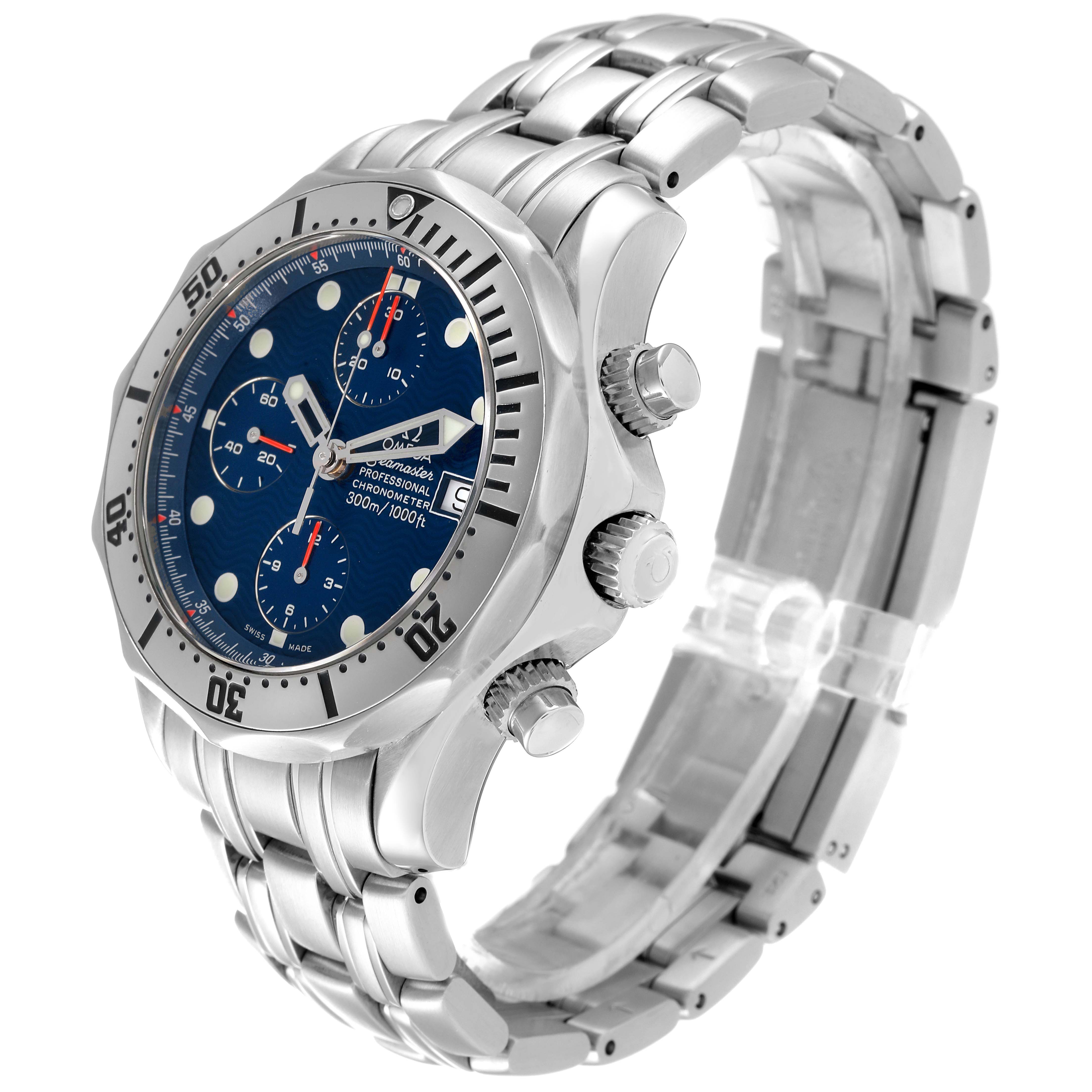 The Omega Seamaster 2598.80.00 Men's Stainless Steel Blue Dial 2598.80.00 Men's Stainless Steel Blue Dial watch is shown at a three-quarter angle, displaying the face, bezel, crown, and stainless steel bracelet.