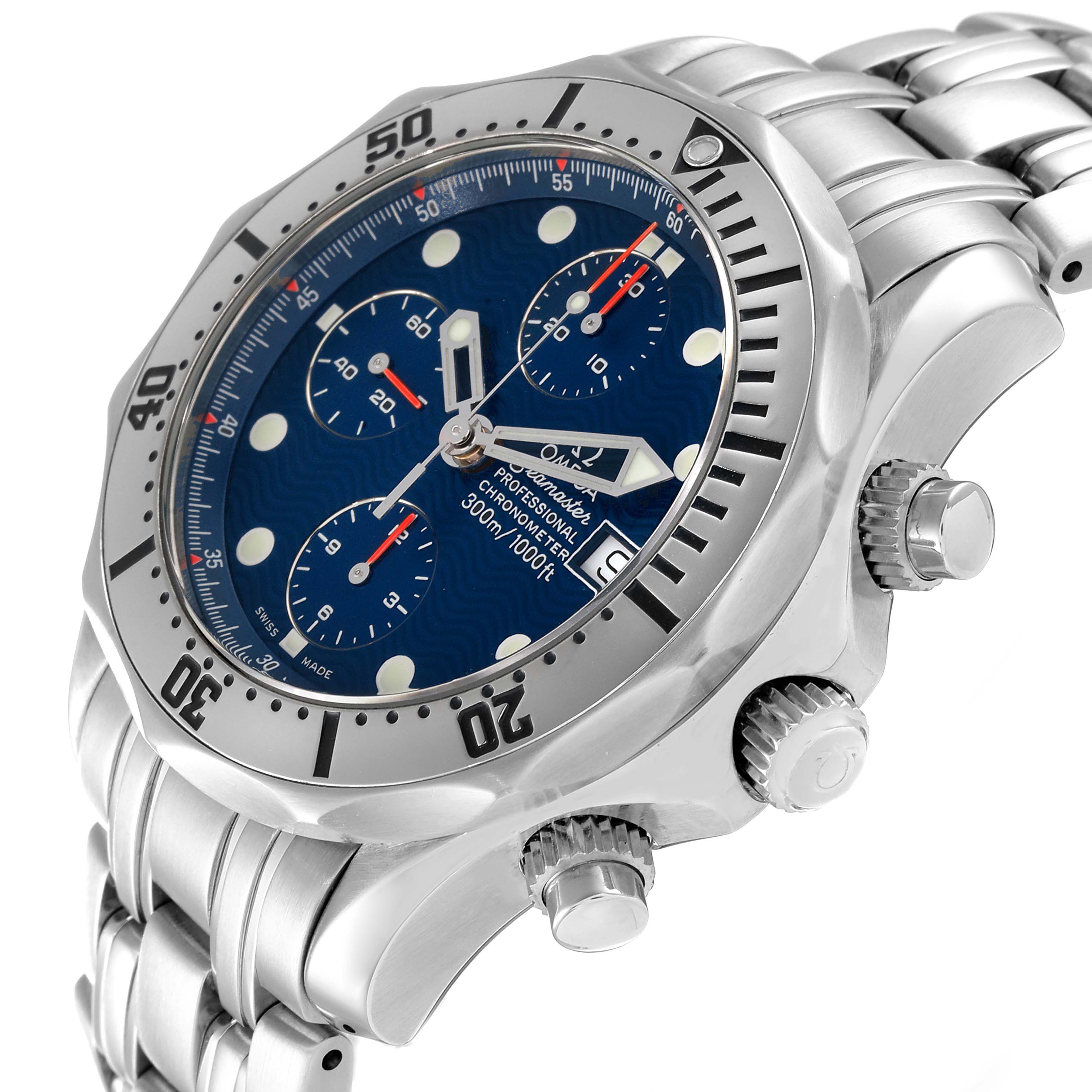 This image shows an angled view of the Omega Seamaster 2598.80.00 Men's Stainless Steel Blue Dial 2598.80.00 Men's Stainless Steel Blue Dial watch, highlighting the bezel, dial, crown, and stainless steel bracelet.