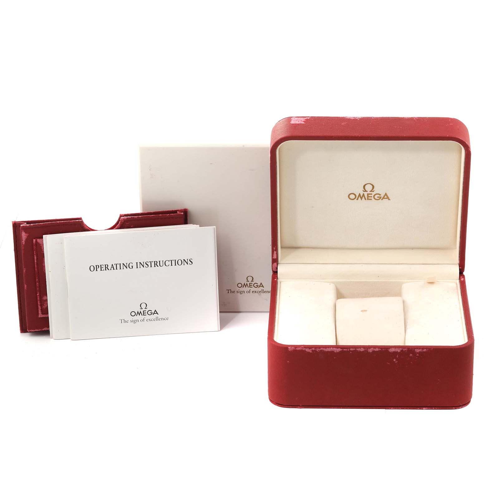 This image shows the open red box and operating instructions for an Omega Seamaster 2598.80.00 Men's Stainless Steel Blue Dial 2598.80.00 Men's Stainless Steel Blue Dial watch.