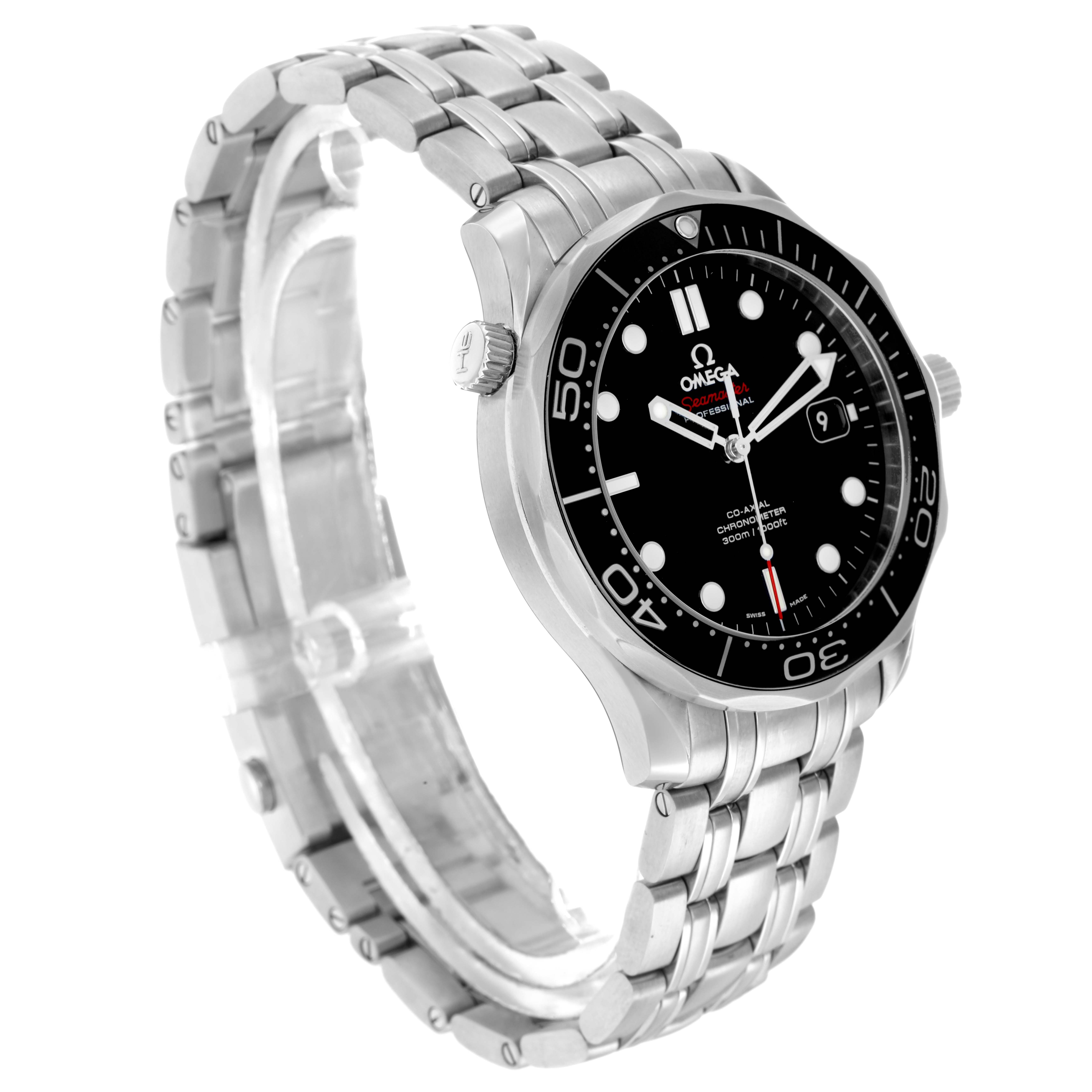 The Omega Seamaster 212.30.41.20.01.003 Men
s Stainless Steel Black Dial watch is shown at a three-quarter angle, displaying its black dial, bezel, and stainless-steel bracelet.