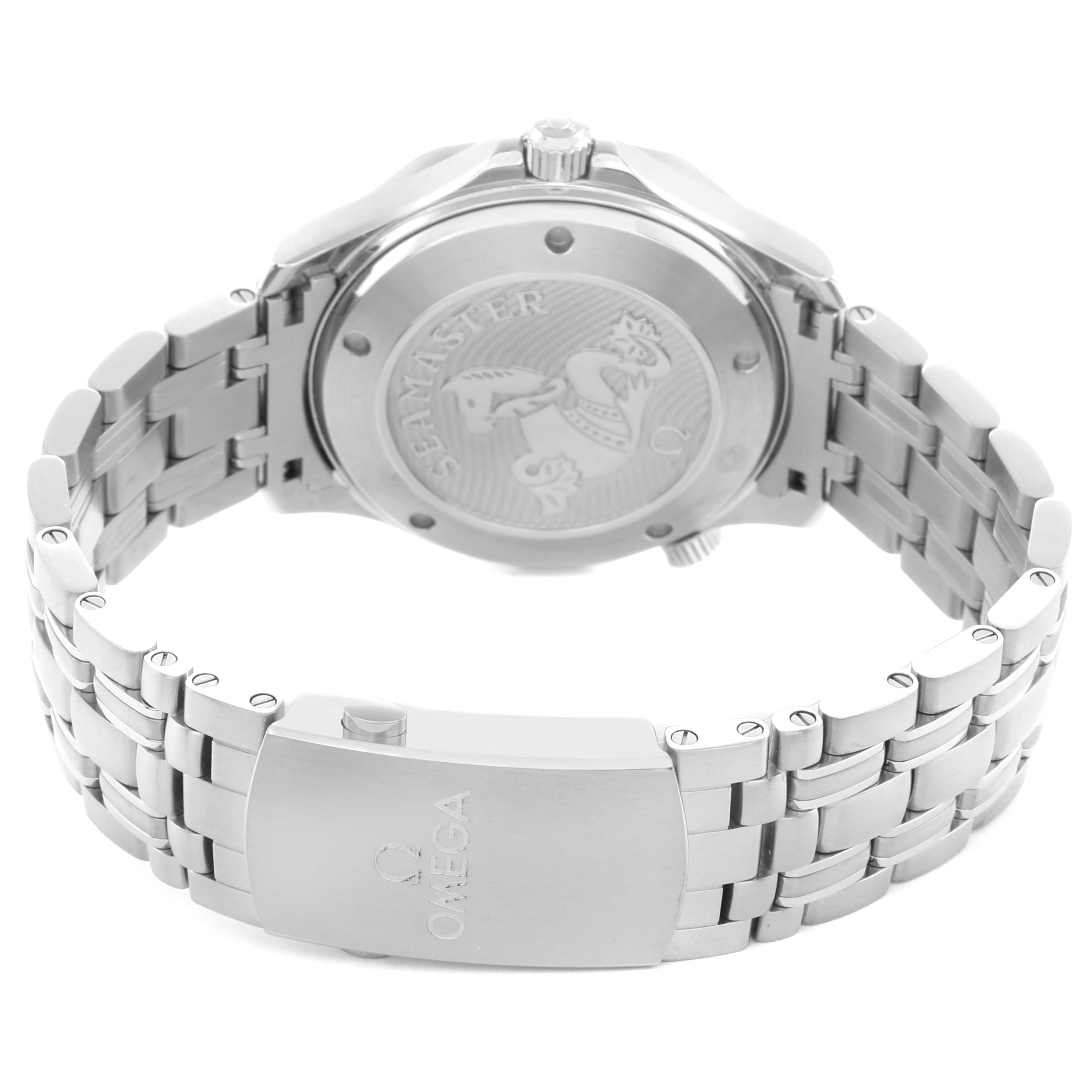 The Omega Seamaster 212.30.41.20.01.003 Men
s Stainless Steel Black Dial watch is shown from the back, highlighting the engraved case back and metal bracelet with the Omega logo on the clasp.