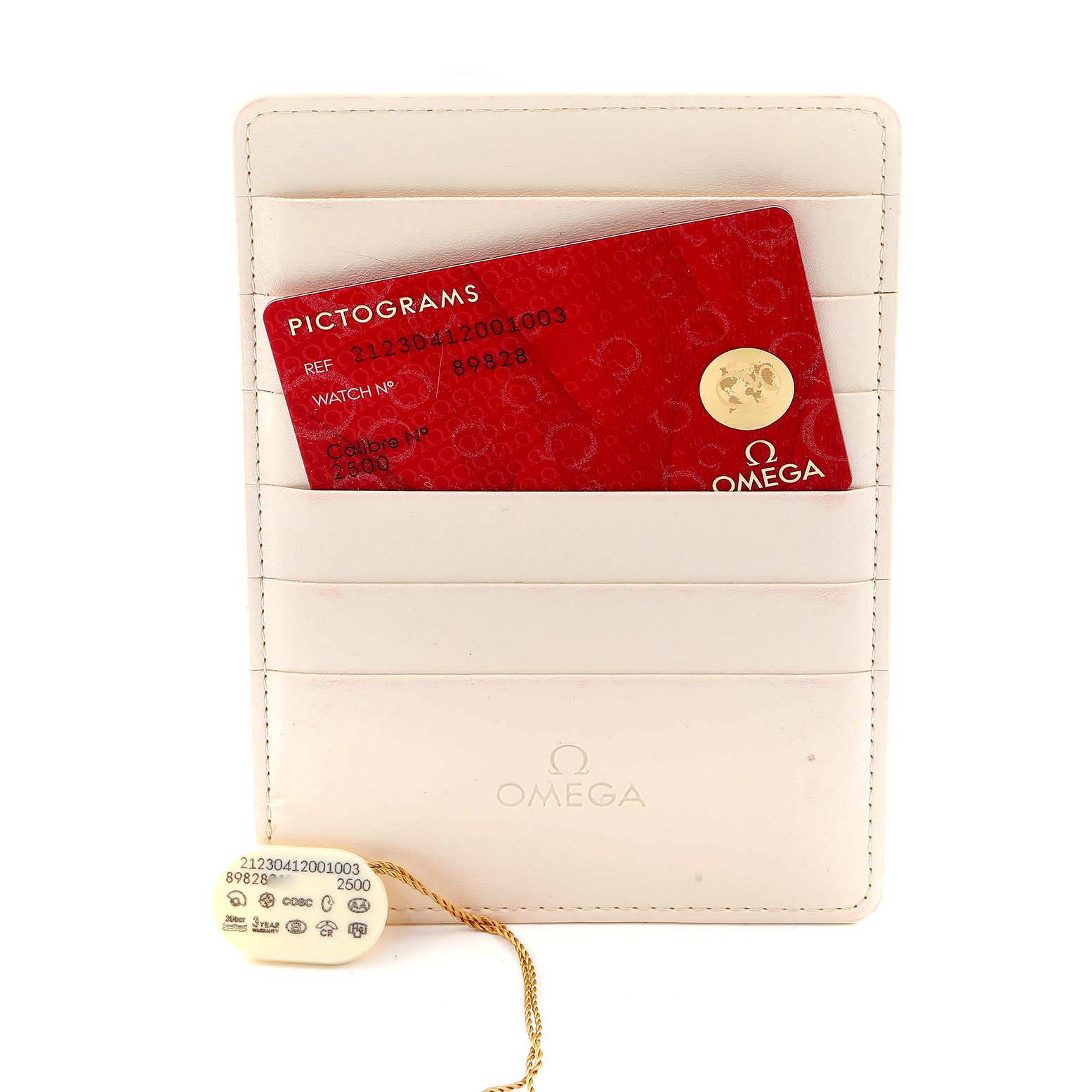 The image shows a Pictogram card, a white card holder, and a tag for the Omega Seamaster 212.30.41.20.01.003 Men
s Stainless Steel Black Dial watch model.