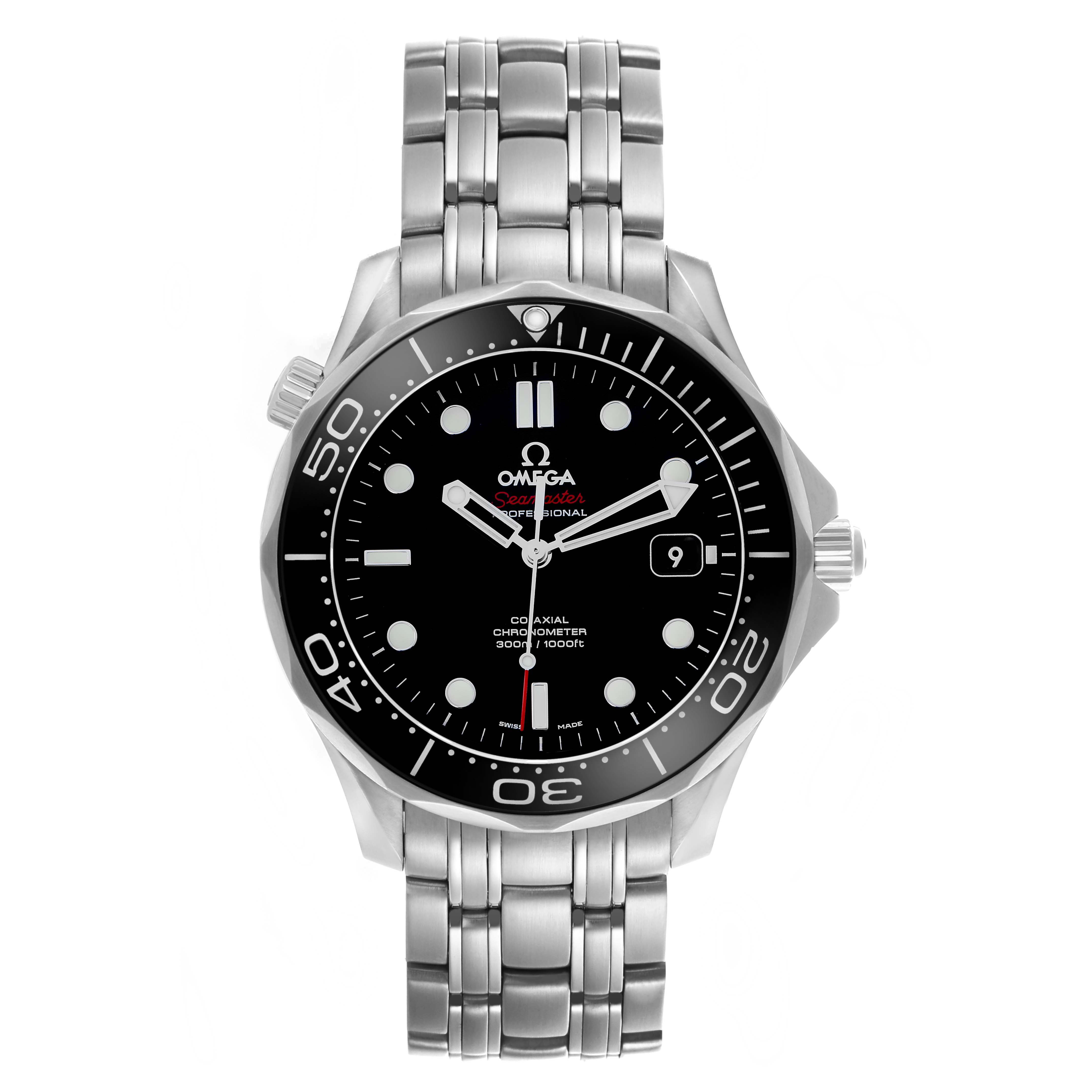 The Omega Seamaster 212.30.41.20.01.003 Men
s Stainless Steel Black Dial watch is shown from the front displaying its face, bezel, and stainless steel bracelet.