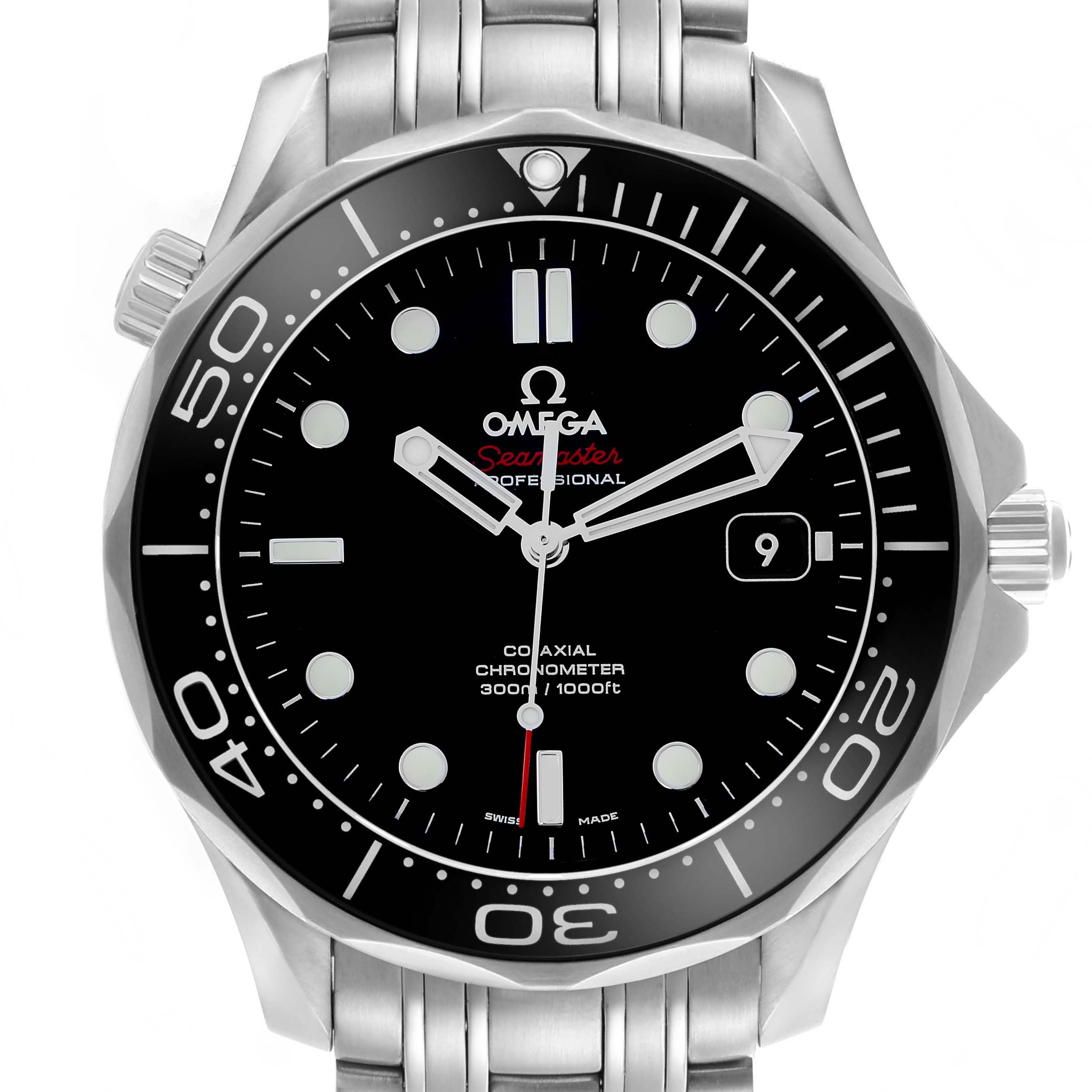 The Omega Seamaster 212.30.41.20.01.003 Men
s Stainless Steel Black Dial watch is shown from a front angle, displaying its face, bezel, and stainless steel bracelet.