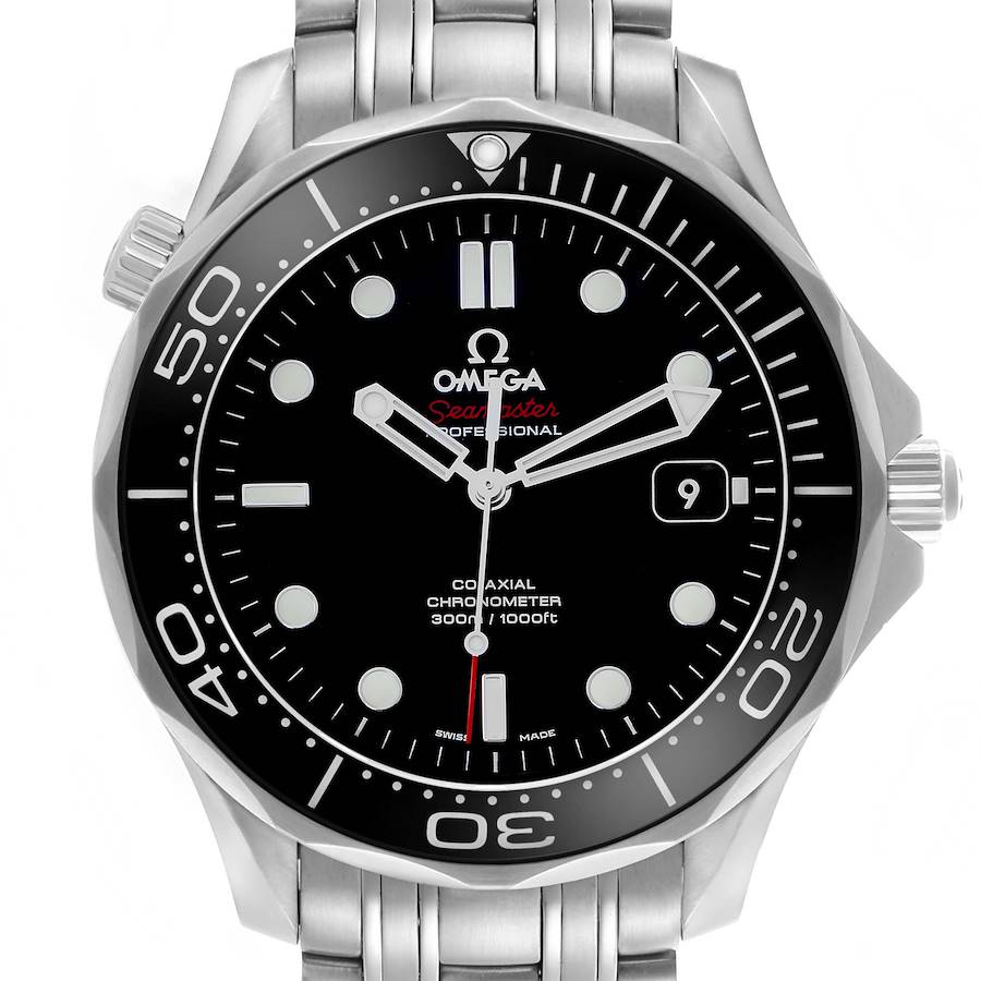 The Omega Seamaster 212.30.41.20.01.003 Men's Stainless Steel Black Dial watch is shown from a front angle, displaying its face, bezel, and stainless steel bracelet.