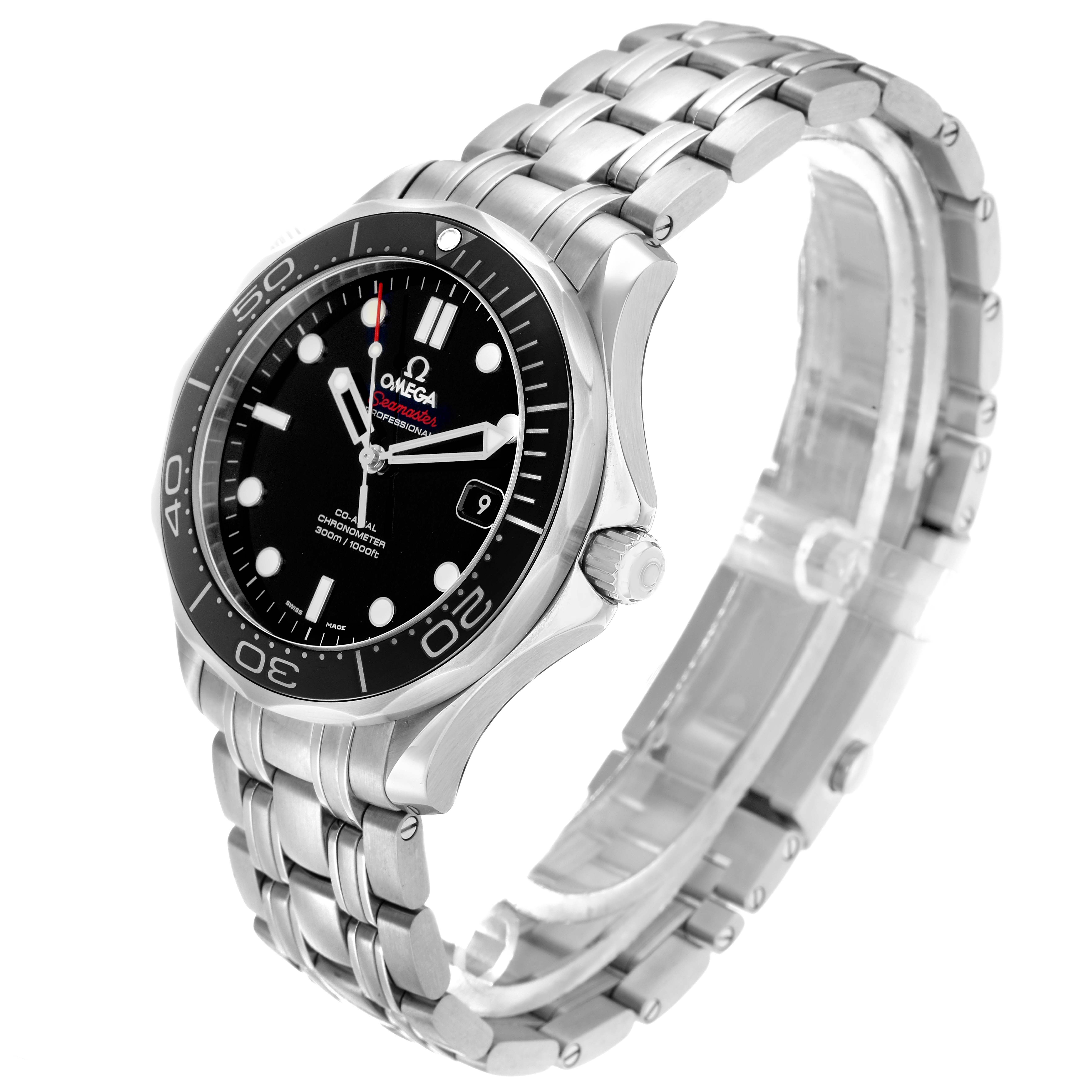 The Omega Seamaster 212.30.41.20.01.003 Men
s Stainless Steel Black Dial watch is shown at a three-quarter angle, highlighting the face, bezel, crown, and bracelet.