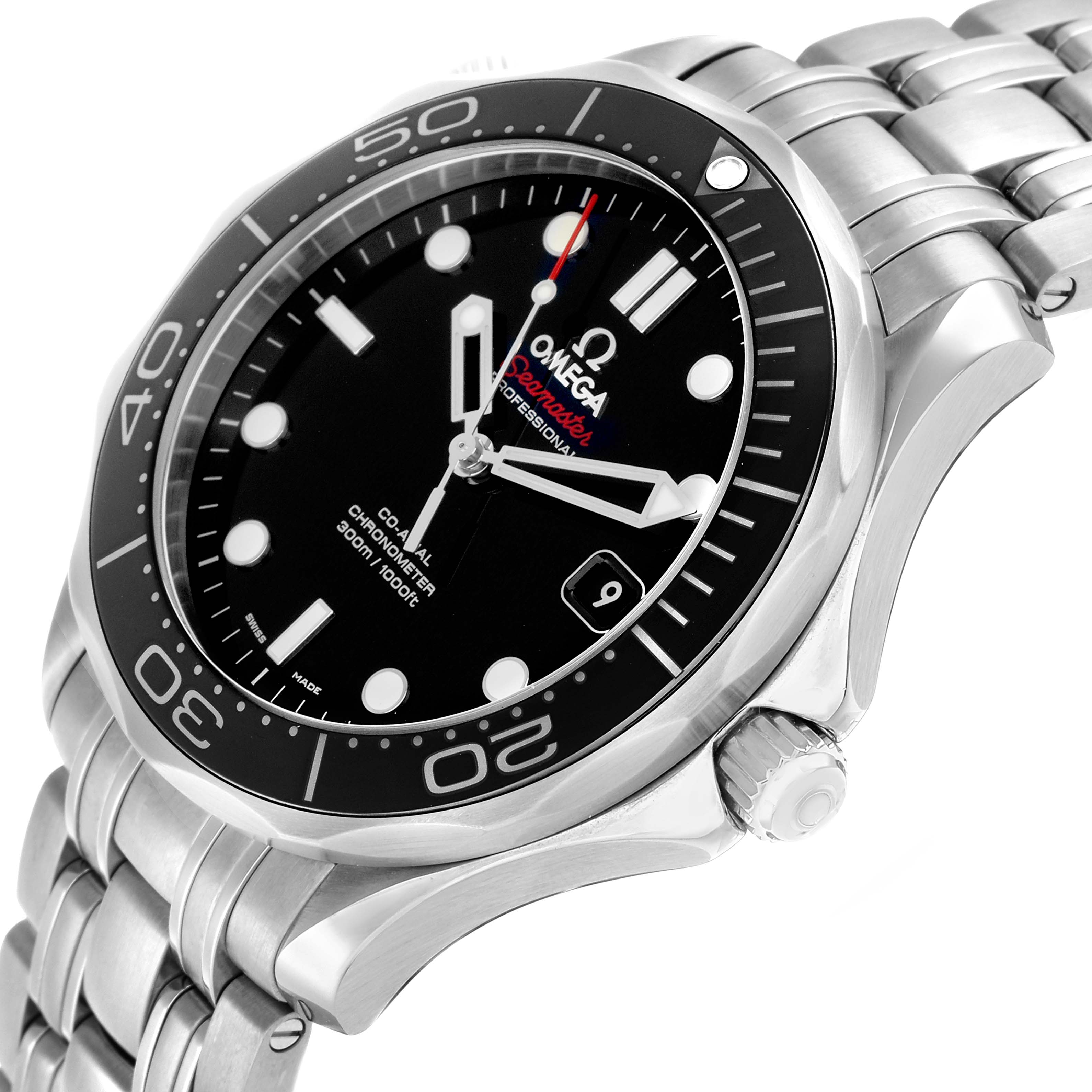The image shows an angled view of the Omega Seamaster 212.30.41.20.01.003 Men
s Stainless Steel Black Dial, highlighting the dial, bezel, crown, and metal bracelet.
